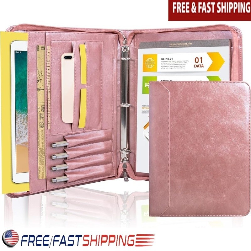 Leather Portfolio Organizer Laptop Documents Business Travel Zipper Binder New