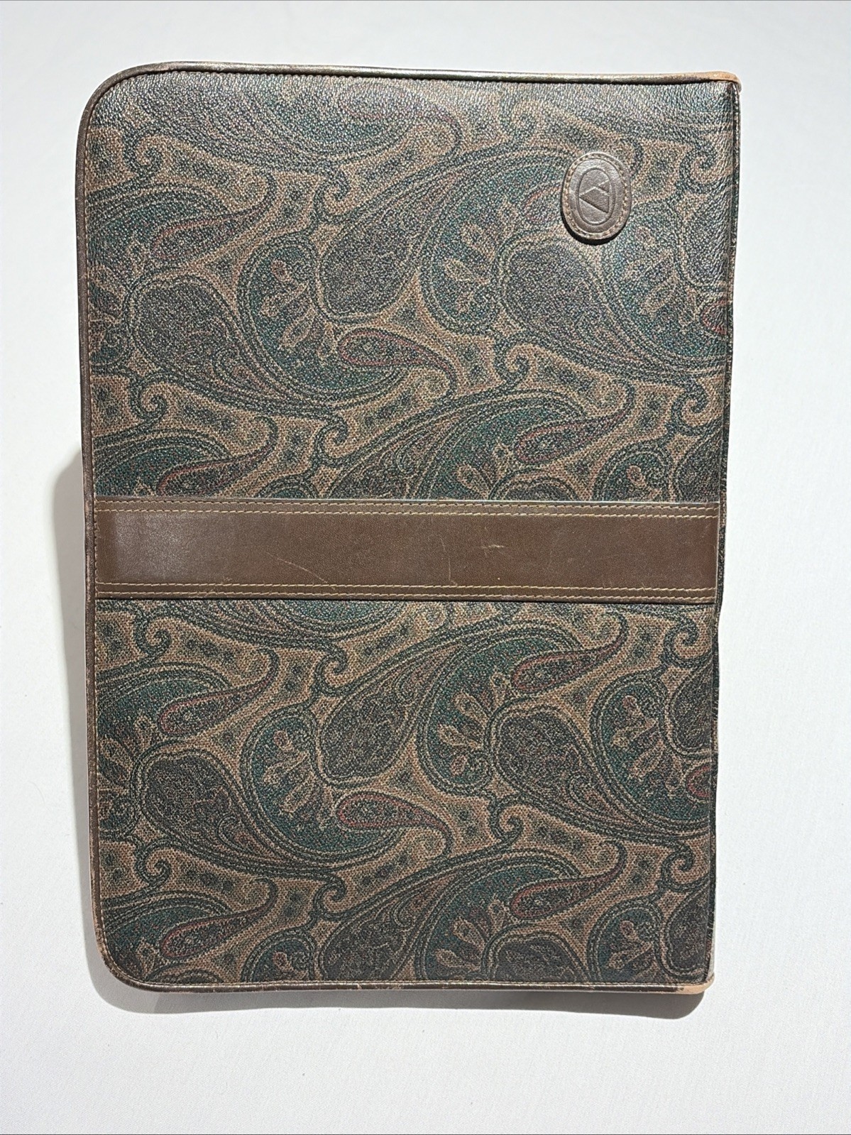 Vtg Liz Claiborne Portfolio Organizer Case Paisley Brown Leather Trim Zip -F430