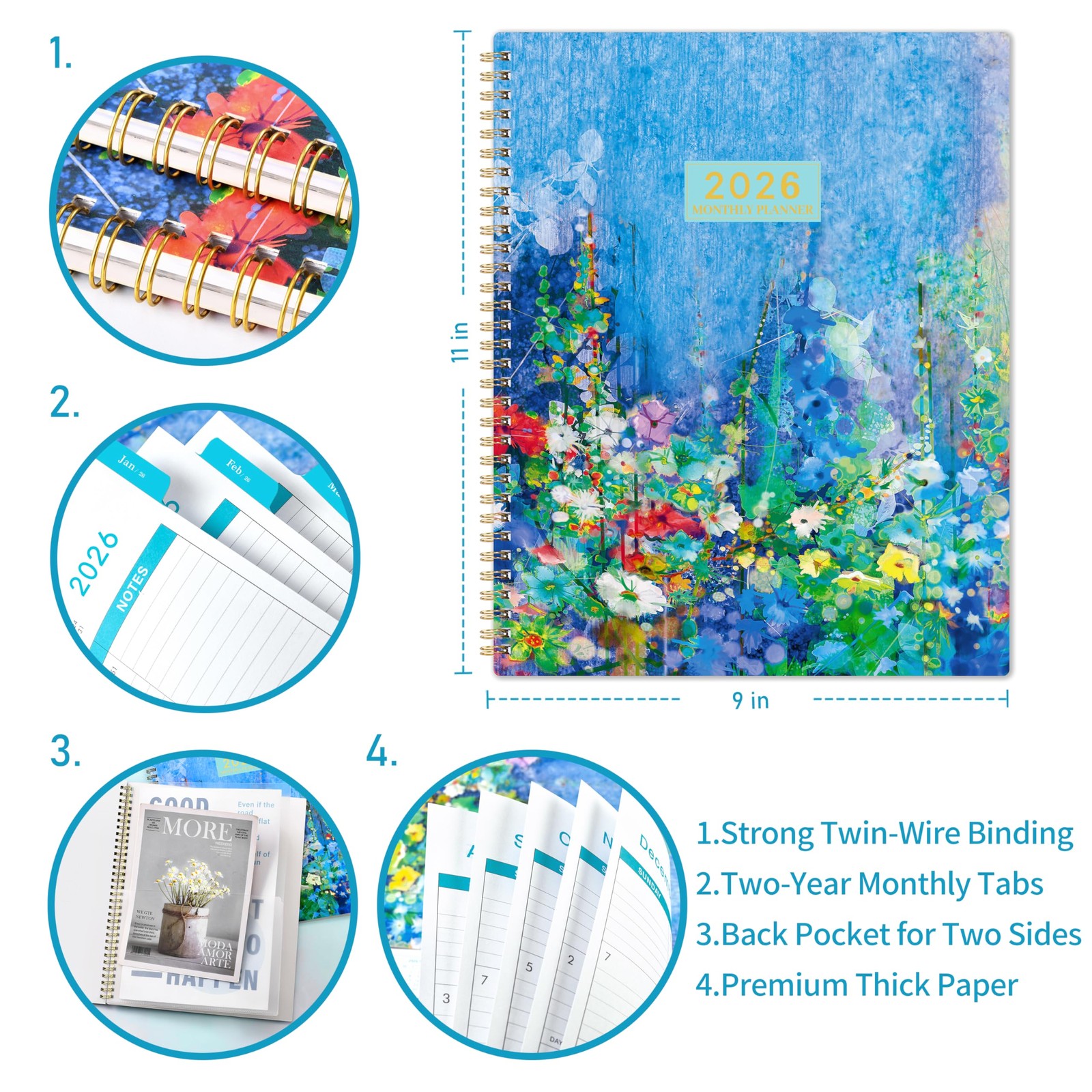 2026 Monthly Planner/Calendar – 9” x 11”, JAN. 2026 9×11 inches (A4), blue