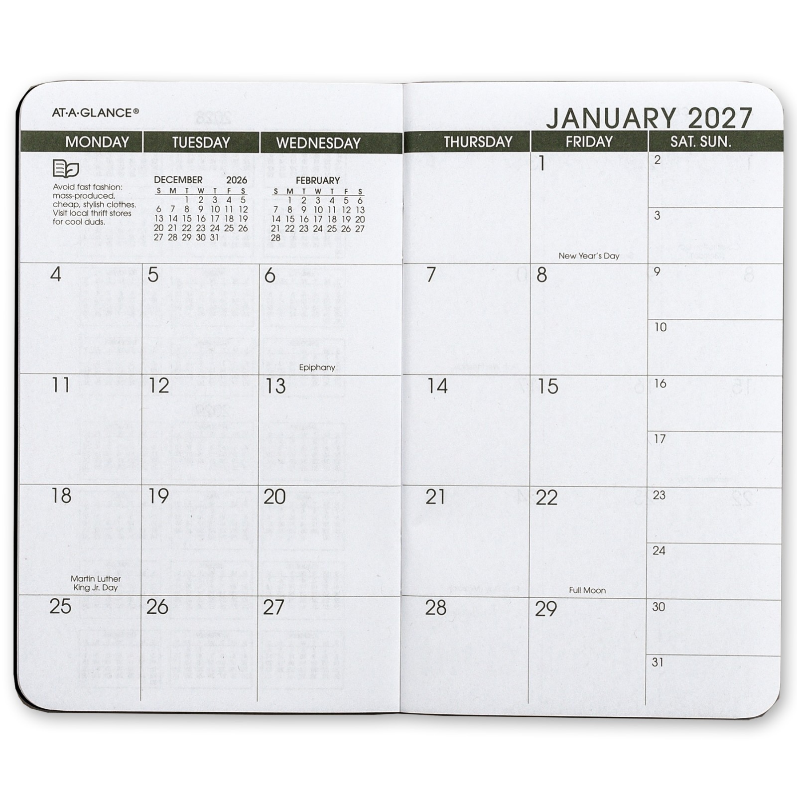 2026 & 2027 At-A-Glance 70-024G 2-Year Recycled Monthly Planner, 3-1/2 x 6-1/8″