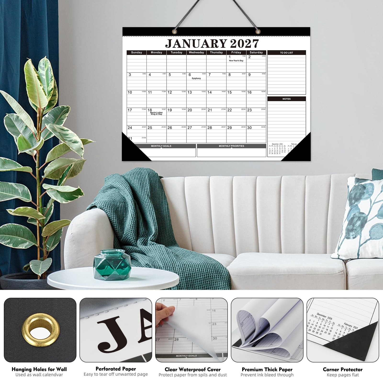 Tcamp Desk Calendar 2026-2027, Large 17″x12″(Jul 2026-Dec 2027), Black+White