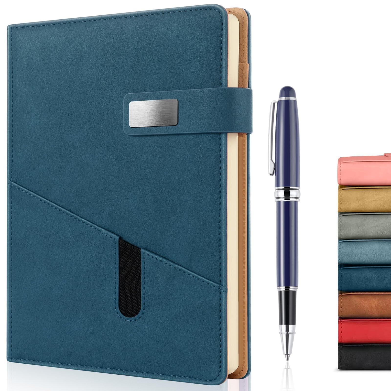 A5 Lined Leather Journal with Pen, 240 Pages Paper, Navy blue