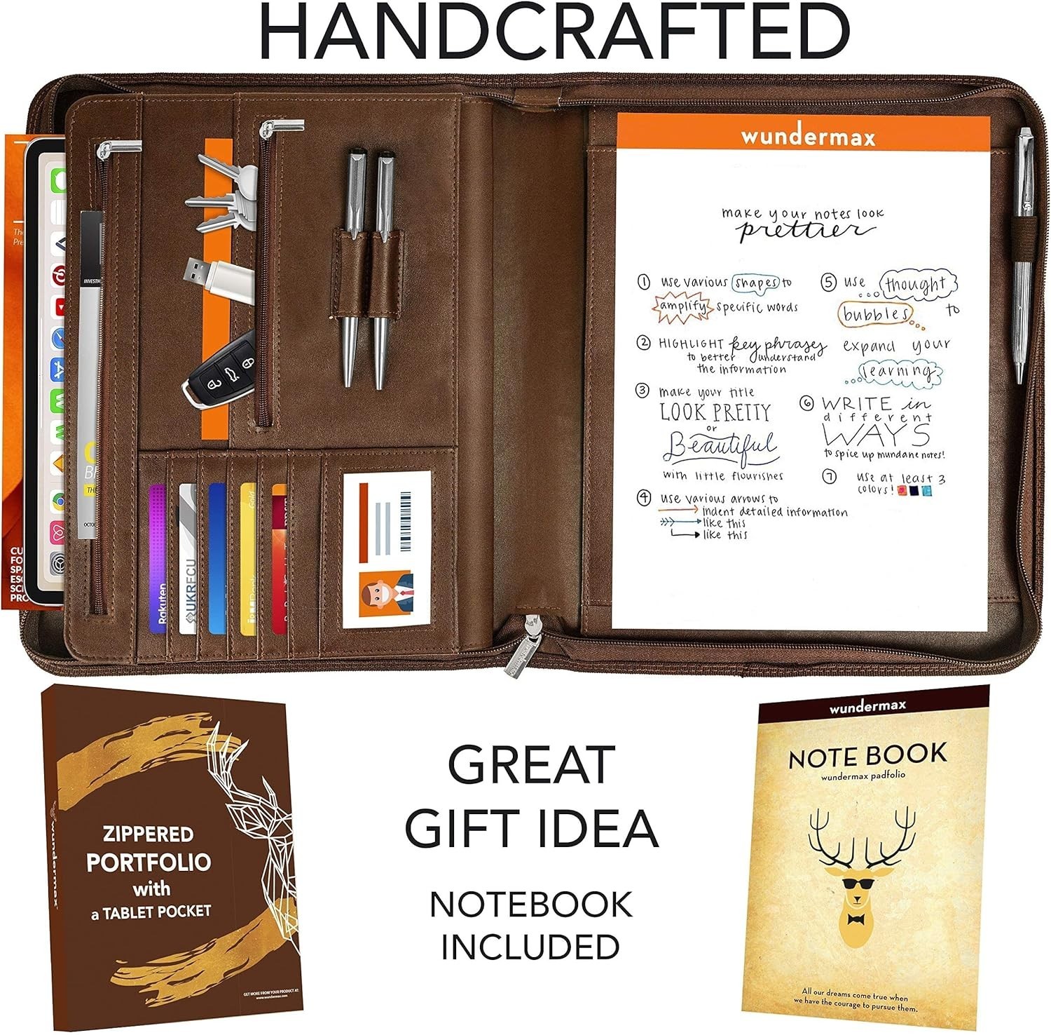 Wundermax Vegan Leather Portfolio Zipper Padfolio Organizer Notepad Tablet Brown