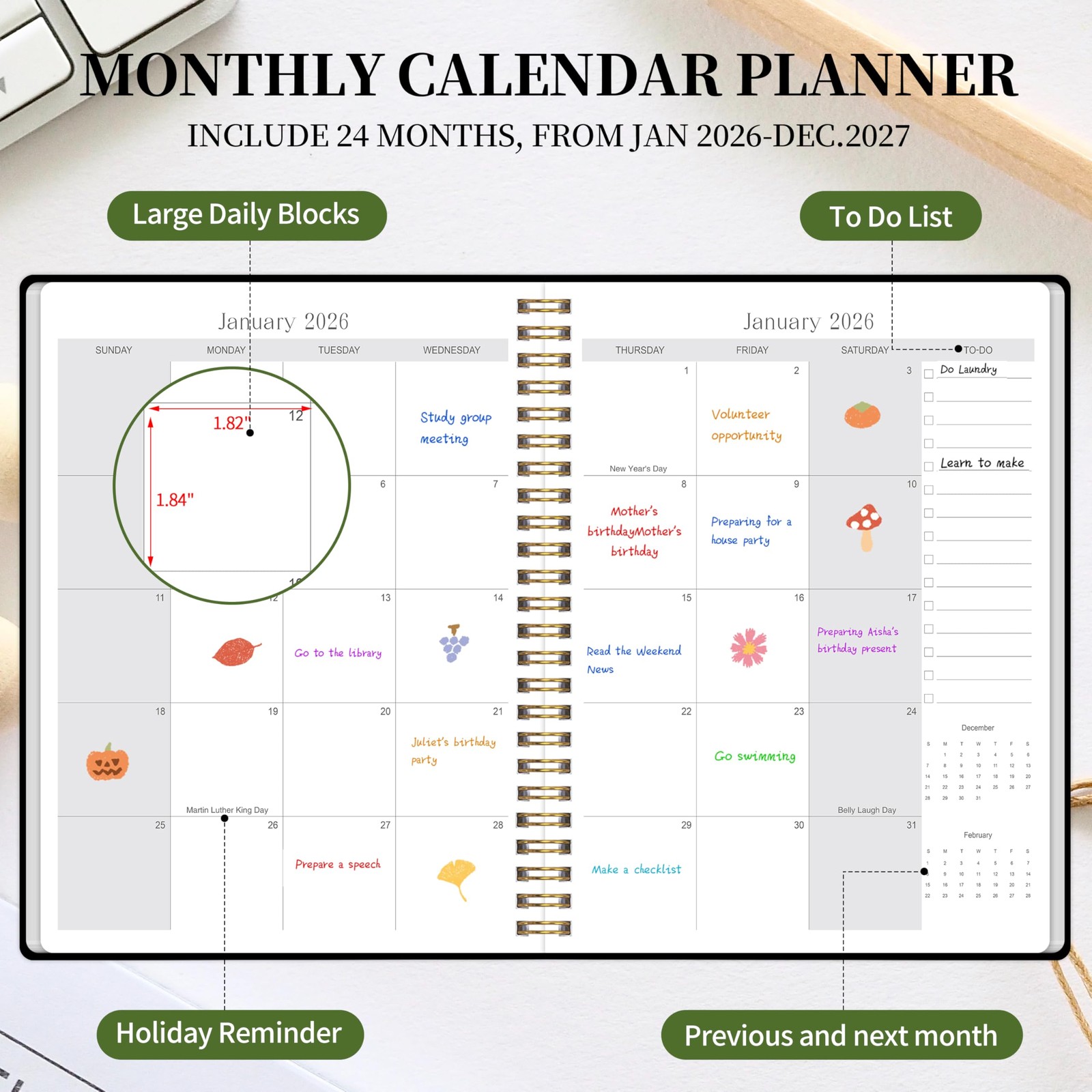 2026-2027 Monthly Planner – Jan.2026 – Dec. 2027, 2 7.5 X 10 inches, Black