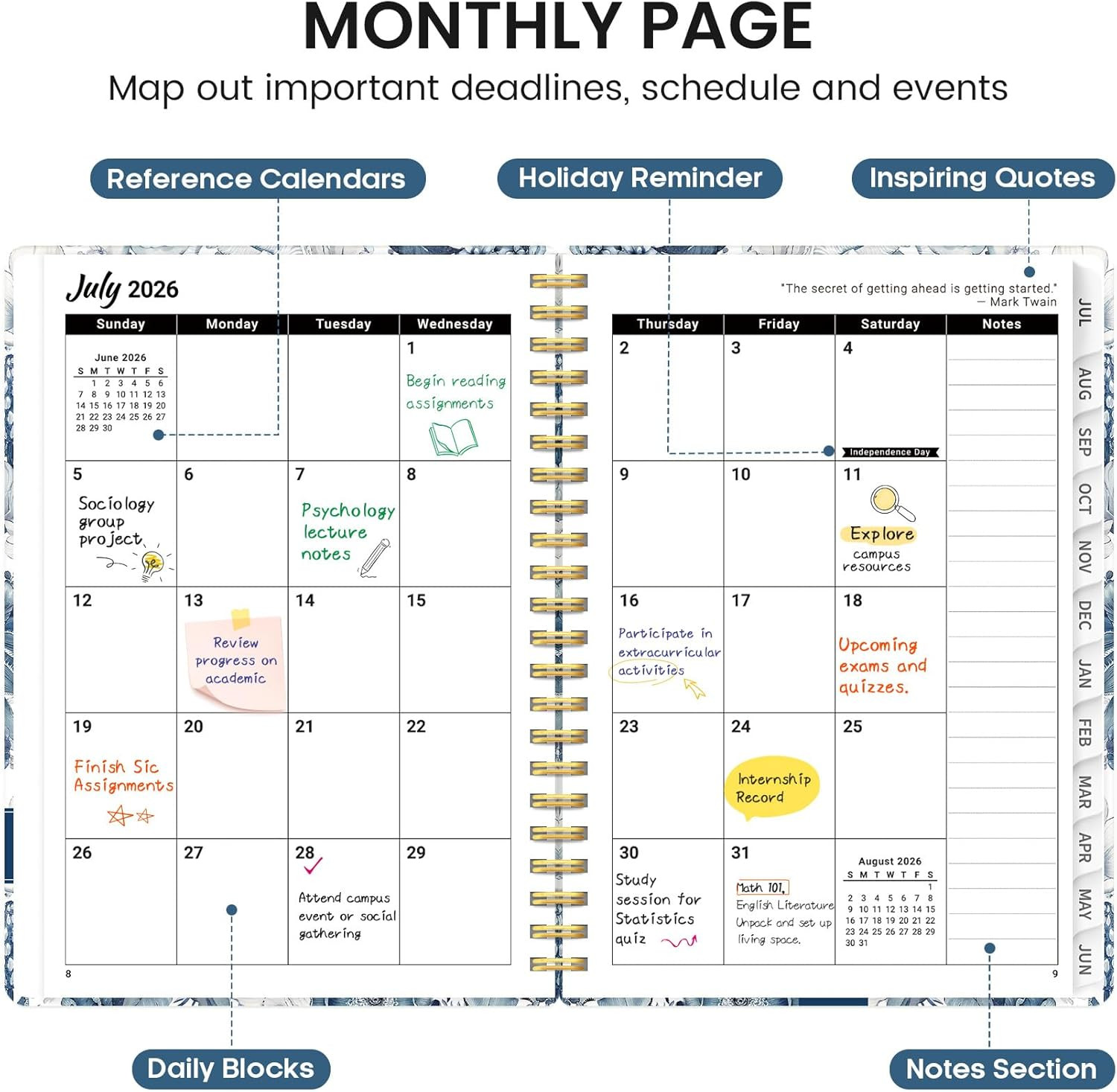 Planner 2026-2027, Academic Monthly and Weekly Calendar Planner for Women, July