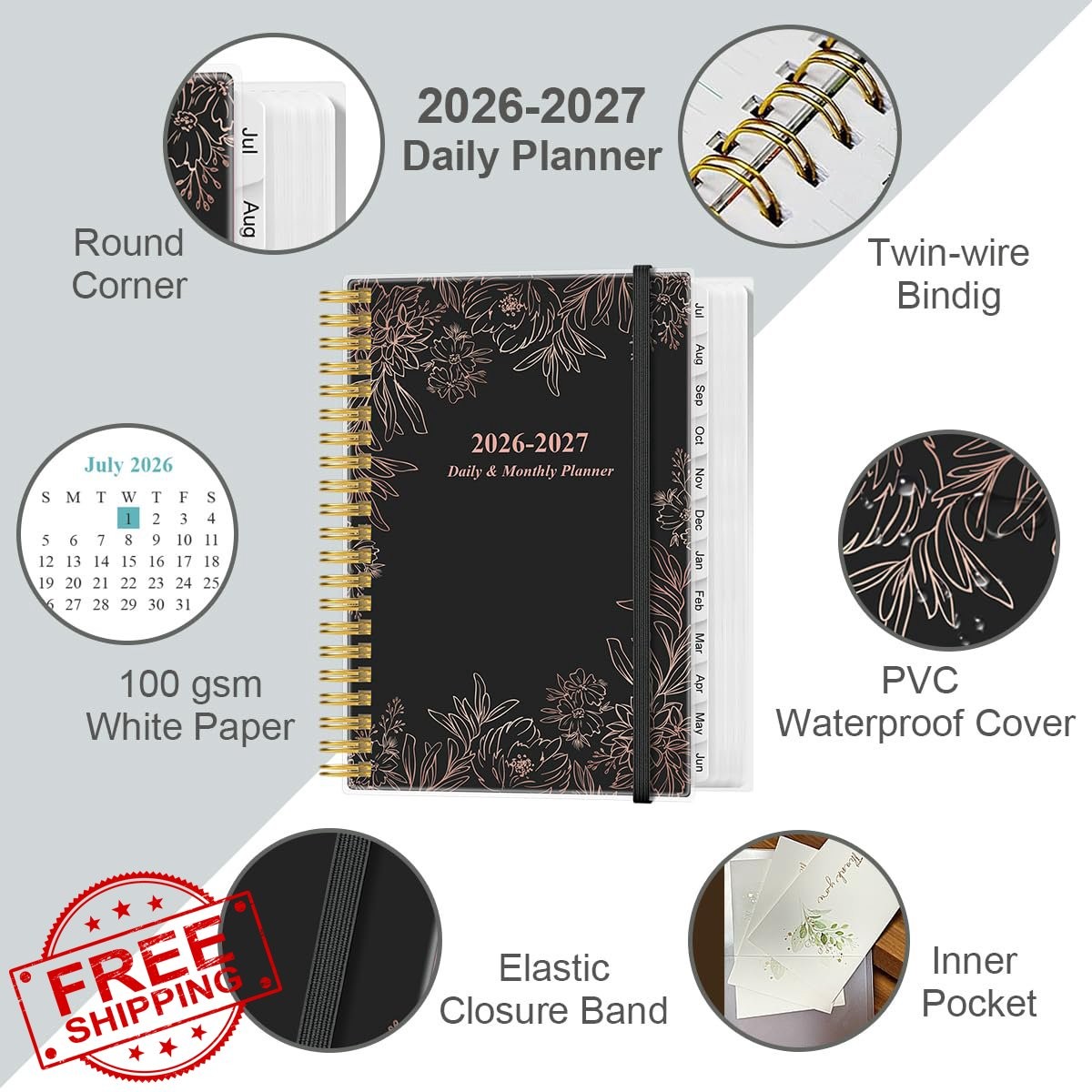 Yaridar 6.4″x8.5″ Black Flowers Planner 26-27
