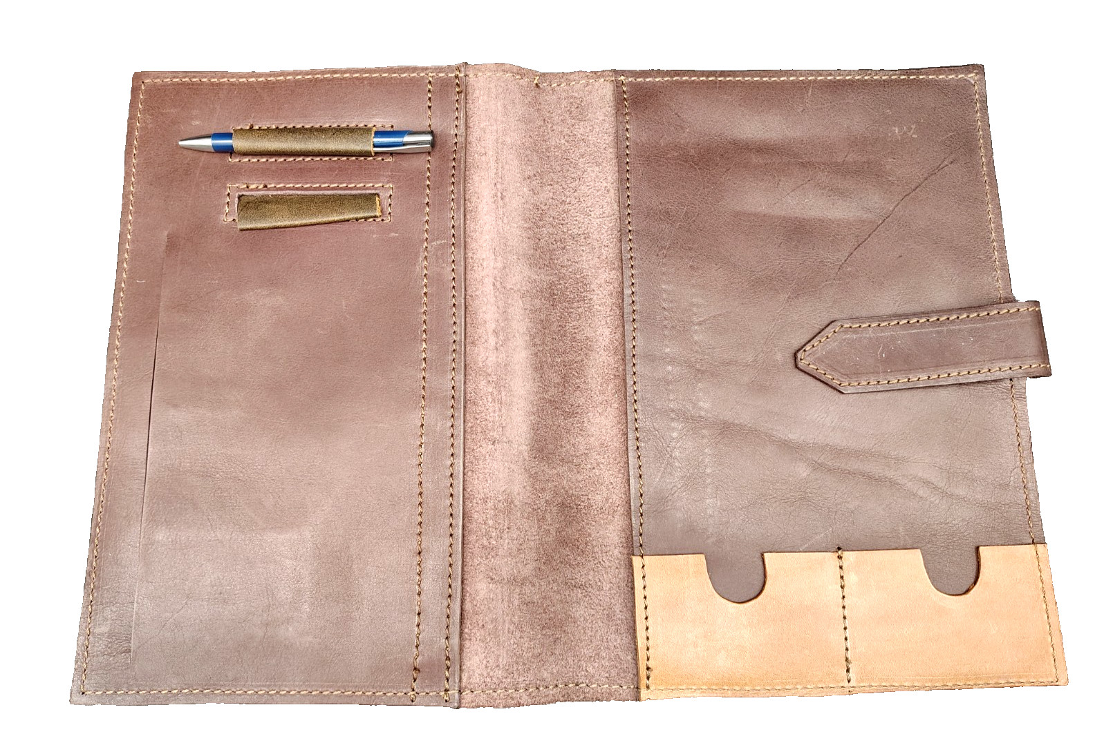 Vintage Soft Brown Leather Slide Tab Pocket Folio Case Notebook Cover 9 x 13″