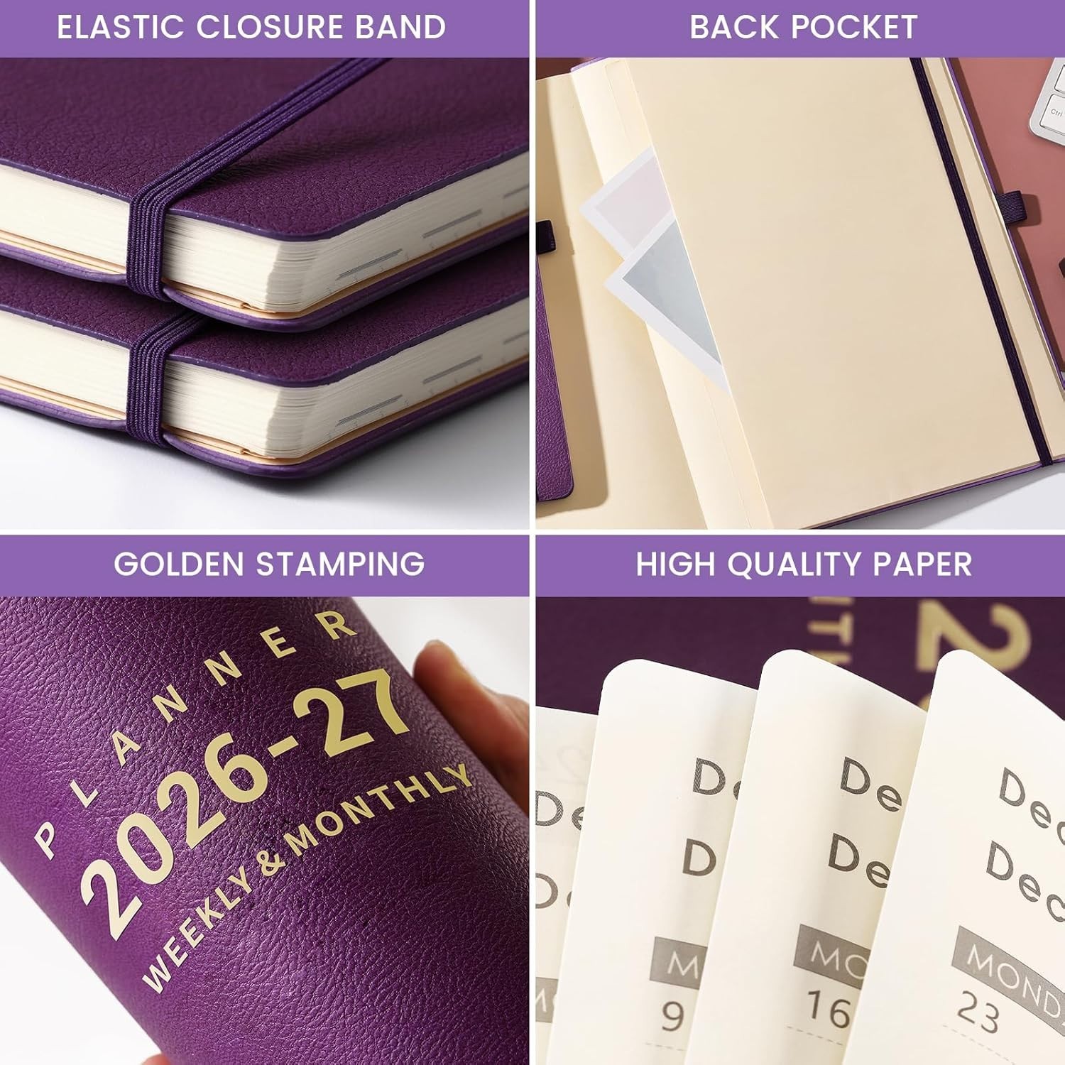 2026-2027 Academic Planner 135 Pages A4 Monthly Weekly Daily Purple Faux Leather