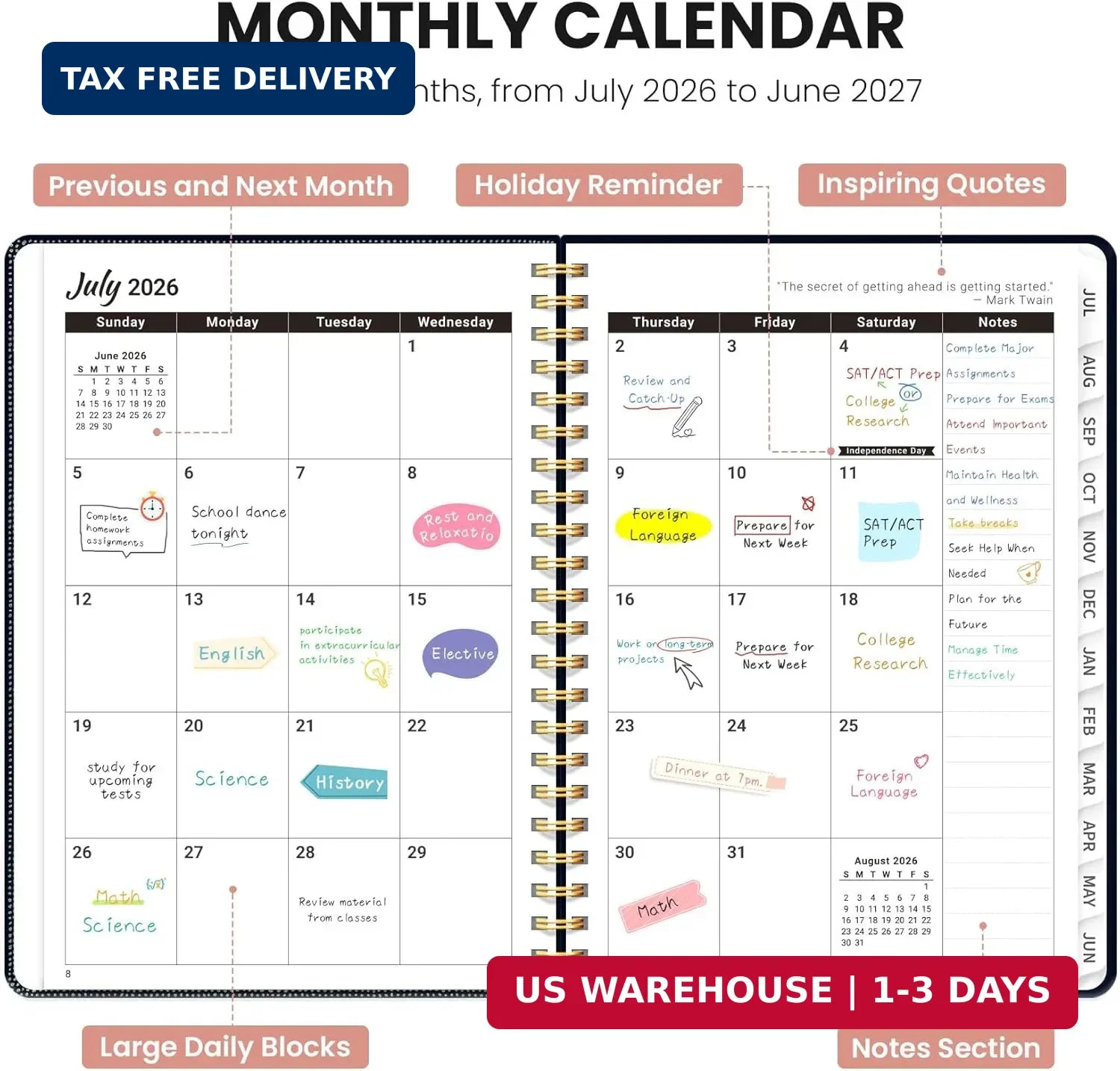 Planner 2026-2027, Academic Planner Weekly and Monthly, Jul 2026 – Jun 2027, Spi