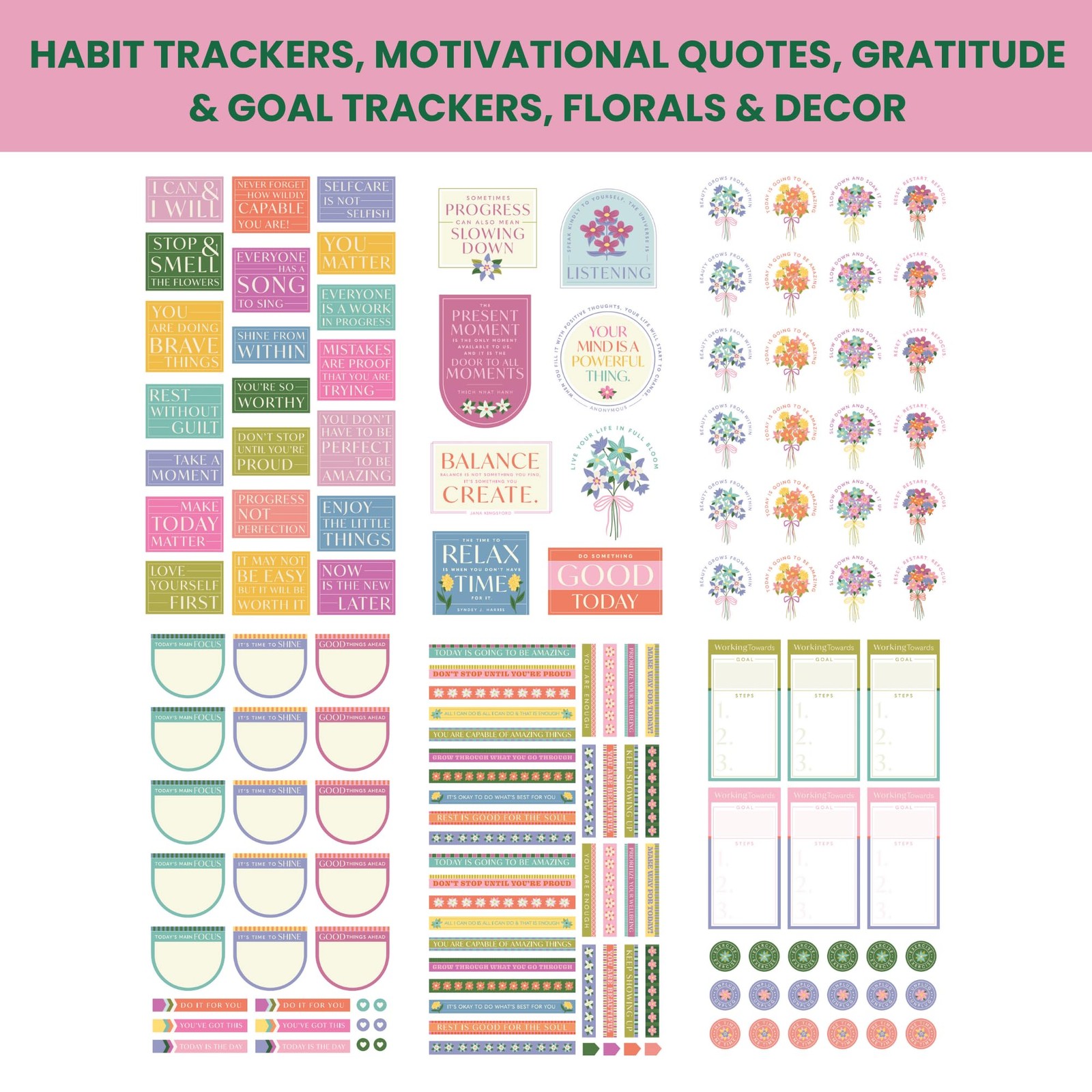 Wellness Sticker Book for Planners — 25 Sheets, 550+ Size: 9.5″ x 5.5″, Pink