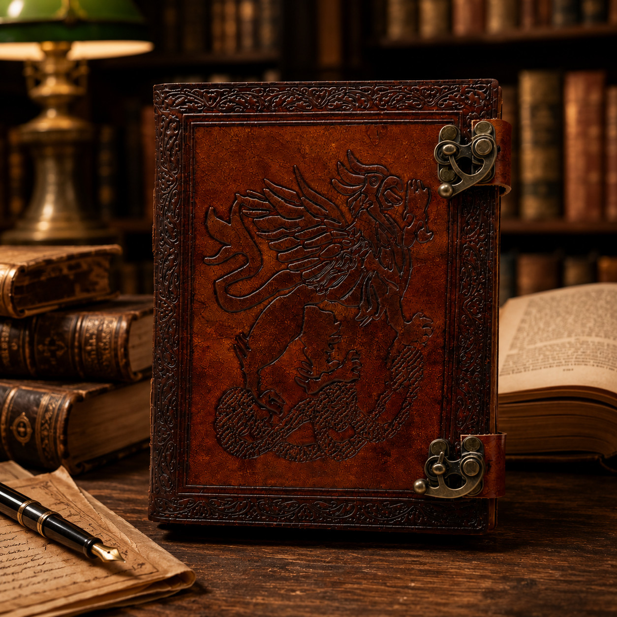 Vintage Dragon Embossed Leather Journal 6×8 Handmade Double Lock Notebook