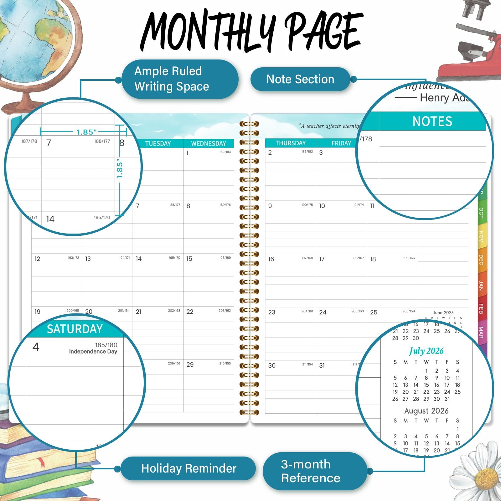 2026-2027 Teacher Planner, July 2026 – June 2027, 8.5″ x 11″, Multicolored