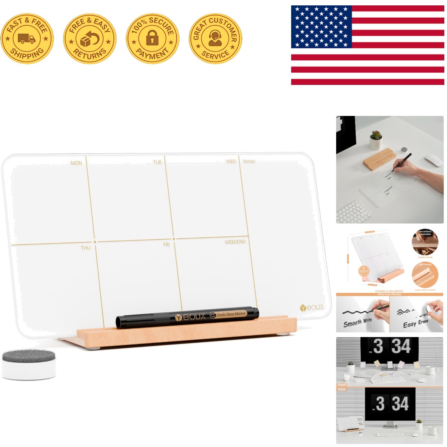 Elegant 12×6 Desktop Glass Weekly Planner Whiteboard – Includes Marker & Eraser