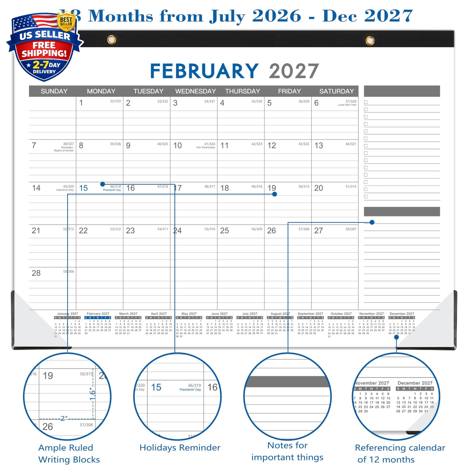 2026-2027 Large Desk Calendar Pad, 18-Month (17″ x 12″) with Corner Protectors