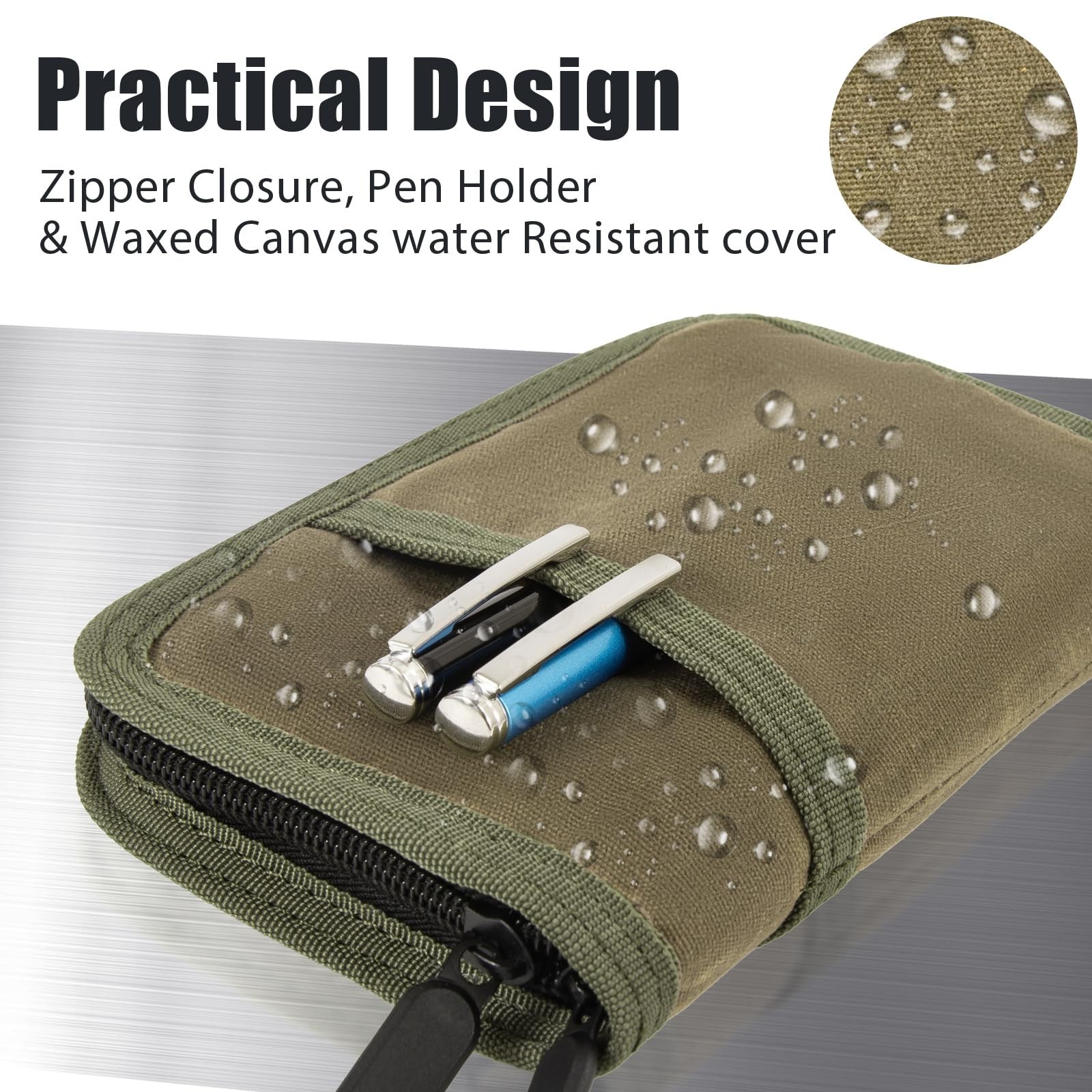 Water Resistant Pocket Notebook Cover with Zipper & Pen Holder – 3.5×5.5 EDC Jou