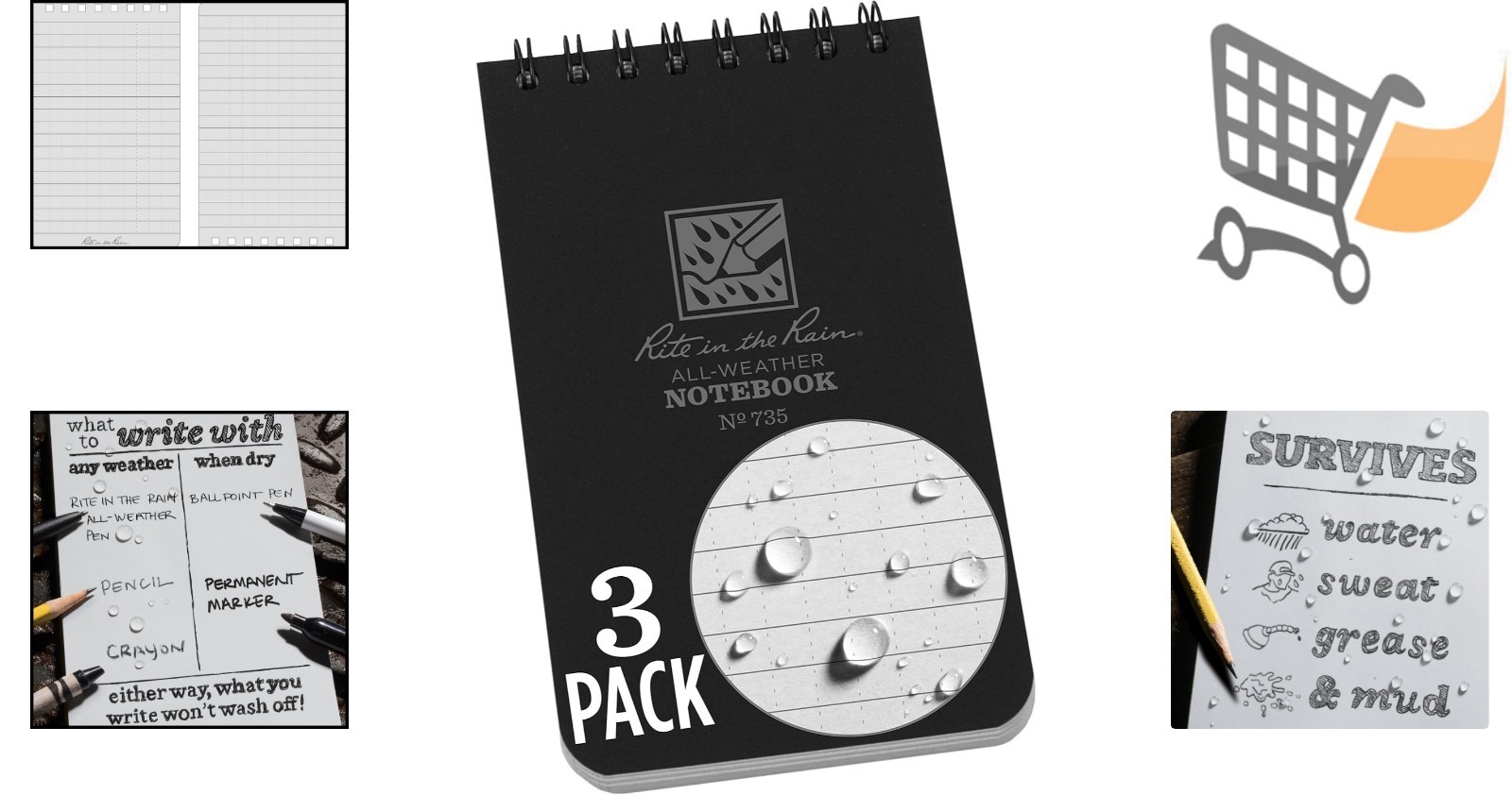 Weatherproof Spiral Notebook 3×5 Black Cover Waterproof Refillable 3 Pack