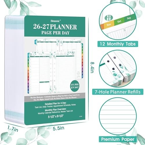 2026-2027 Daily Planner Refills – Two Pages Per Day, 5.5″x8.4″, Ring-Bound Organ