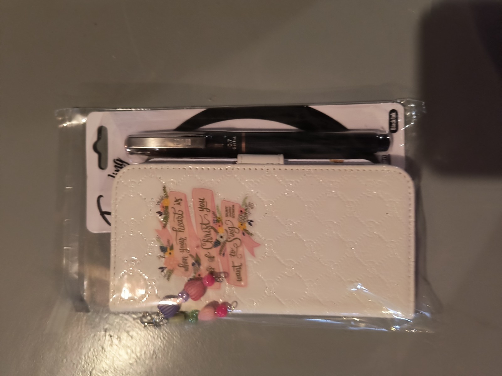 small upcycled phone case junk journal white religious theme with pen