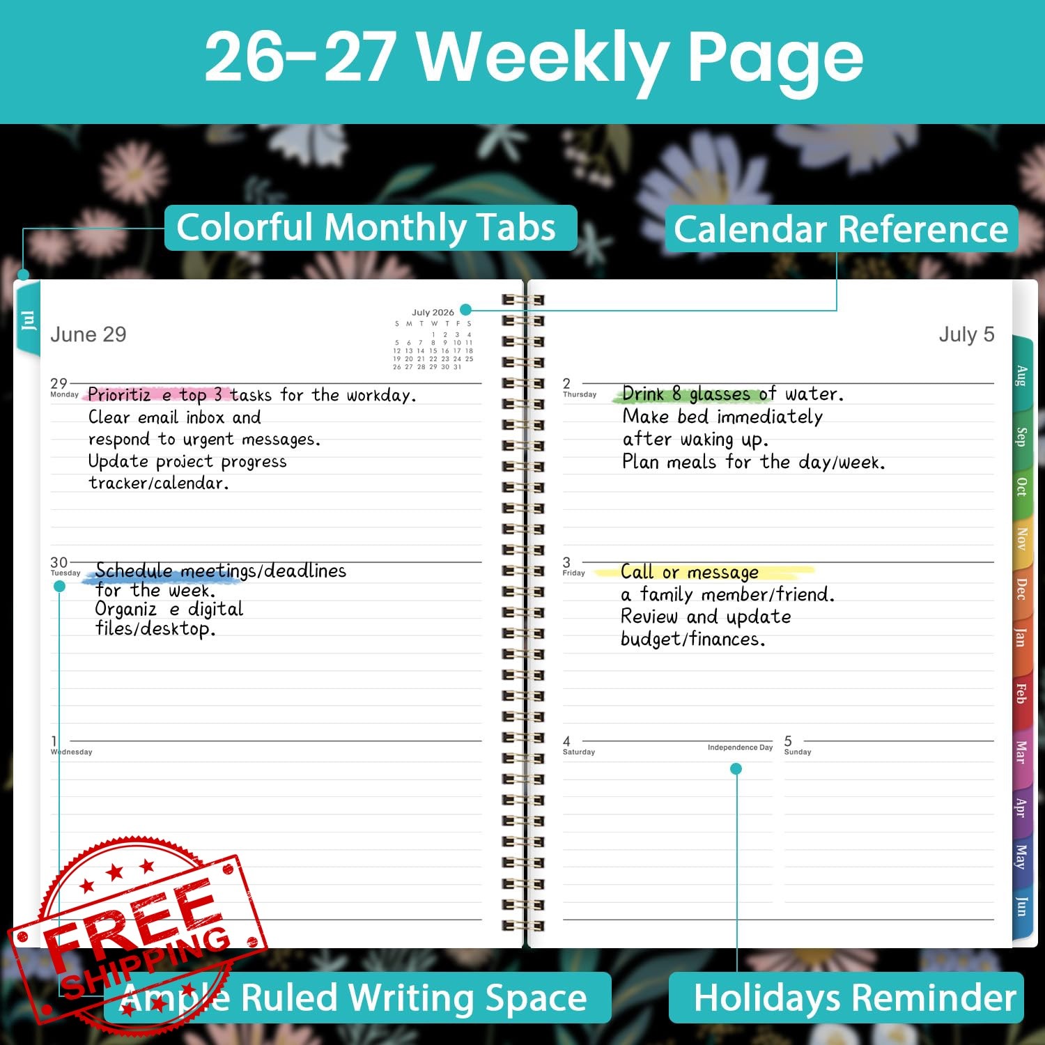 Vondafe 2026-2027 Weekly Monthly Planner Black