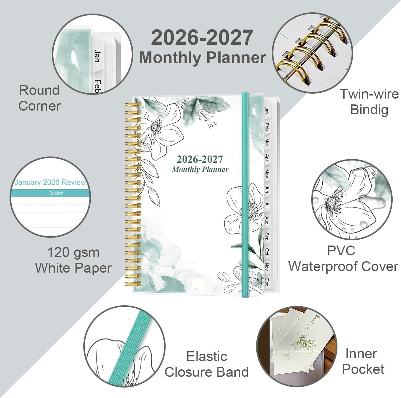 Stylish 2026-2027 Planner – Tabbed Monthly Layout with Ruled Pages, Teal Floral
