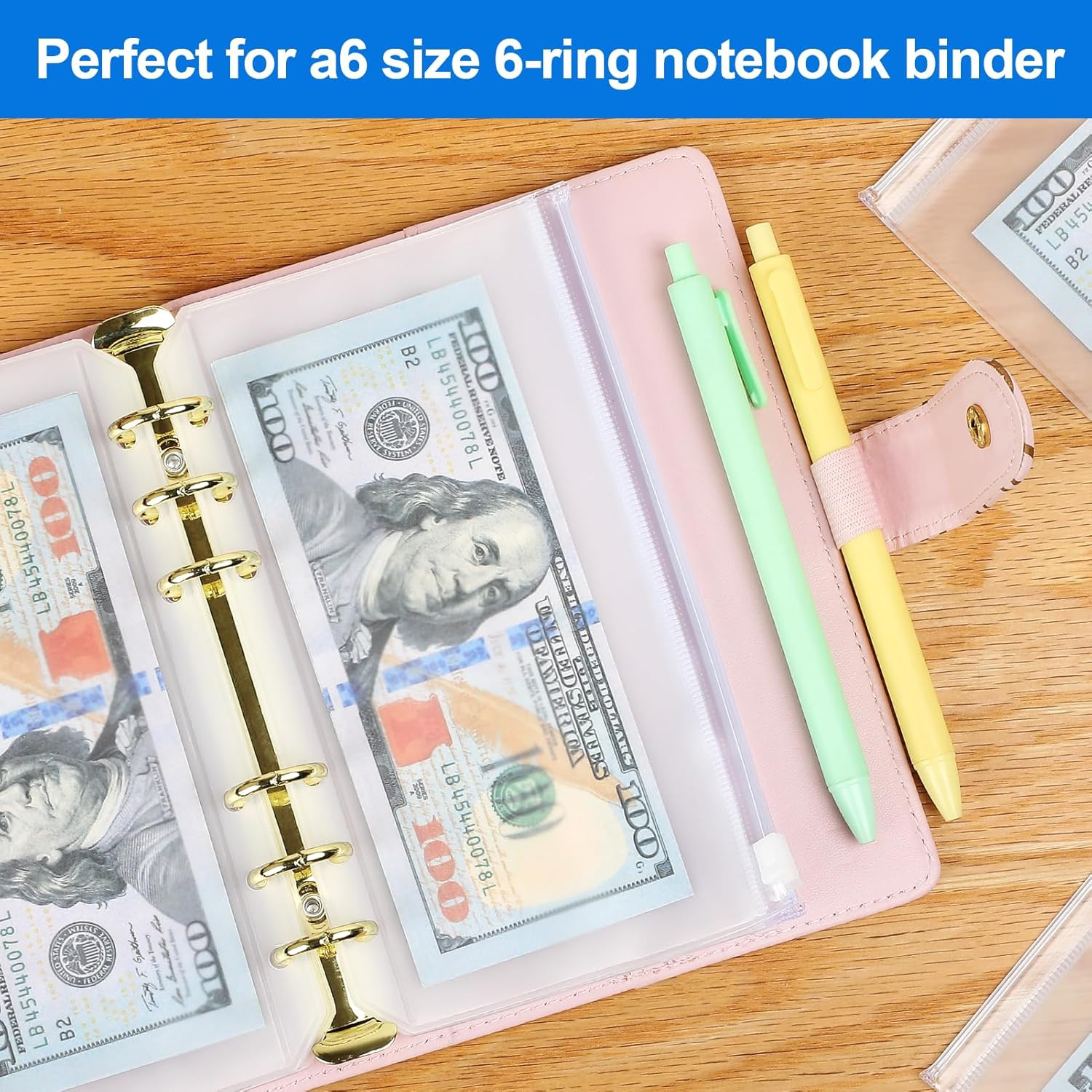 16PCS A6 Binder Pockets 6 Holes Cash Envelopes for Budgeting, Clear Zipper Pouch