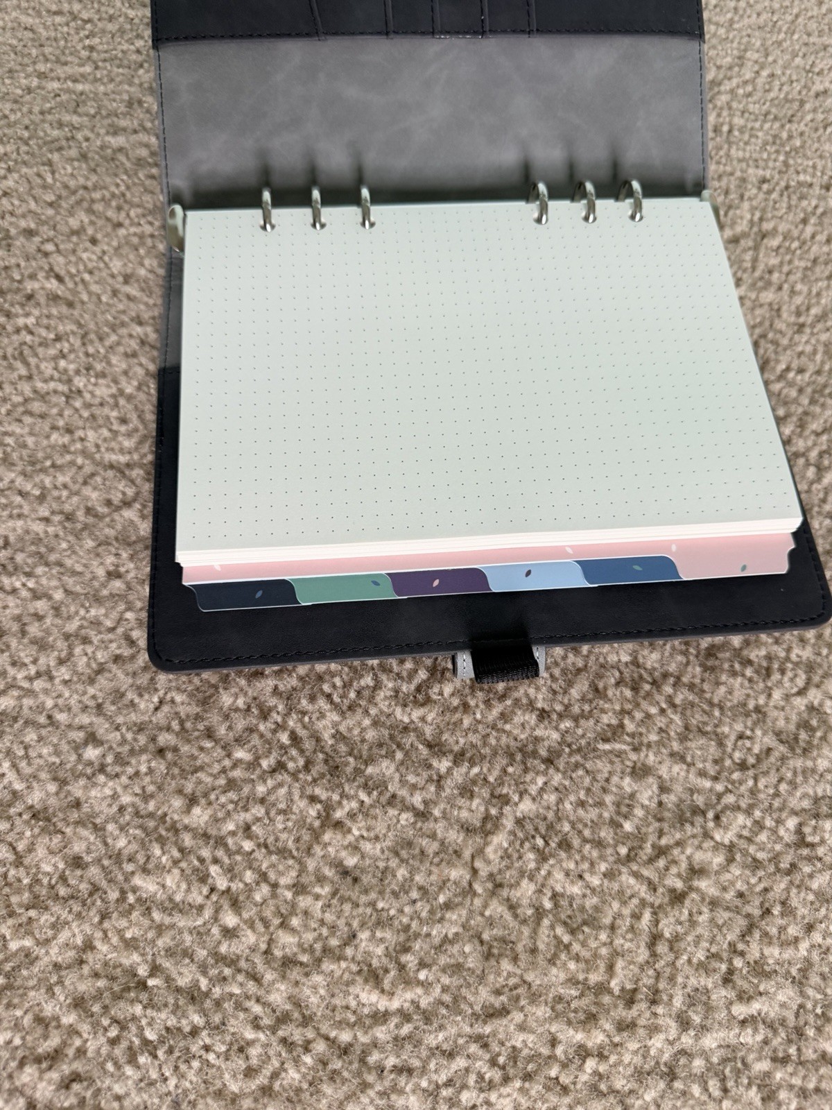A5 Refillable 6 Ring Faux Leather Binder Black/Grey – WITH Dotted Paper and Tabs