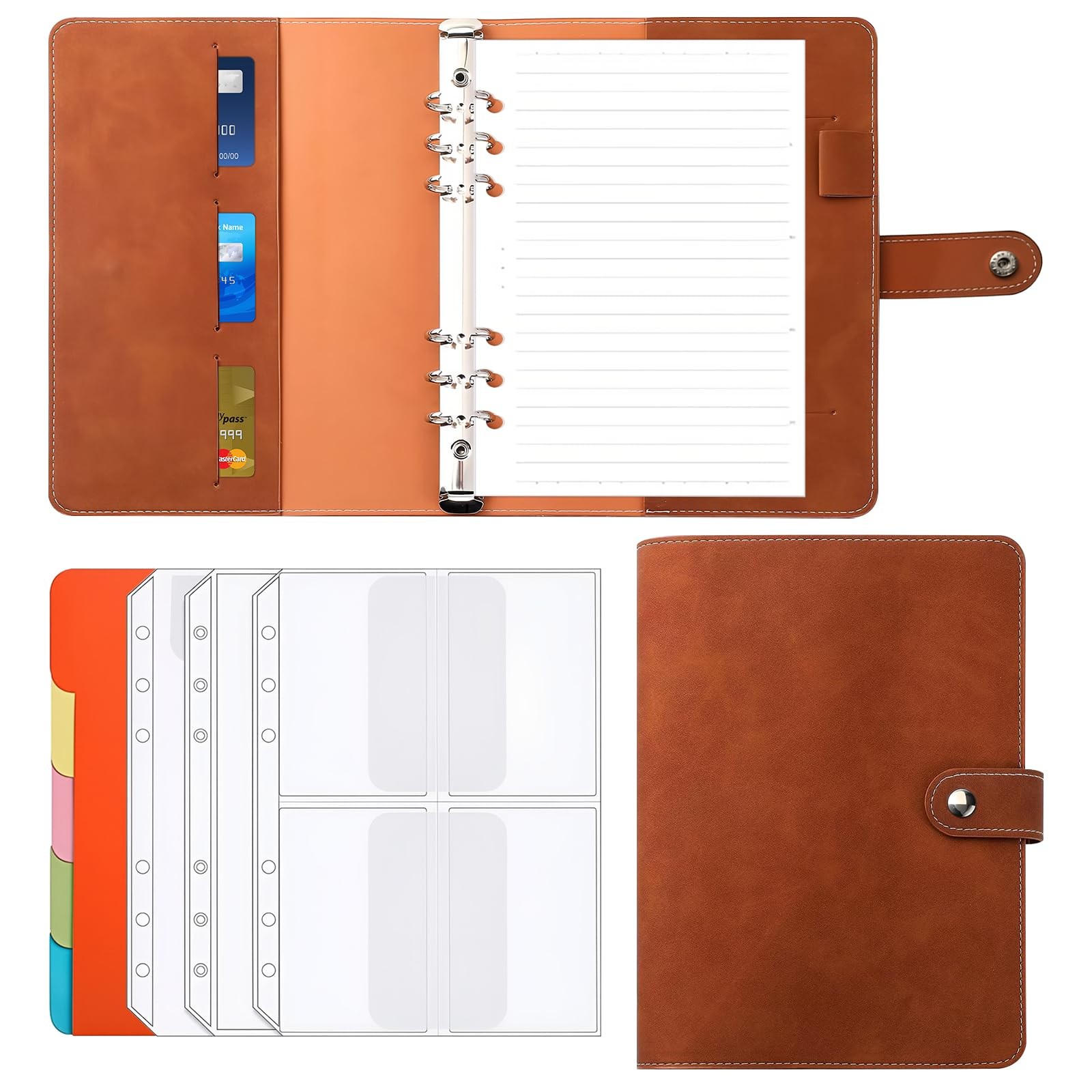 Acuxiaza A5 Binder 6 Ring Refillable Planner Notebook, PU Leather Brown