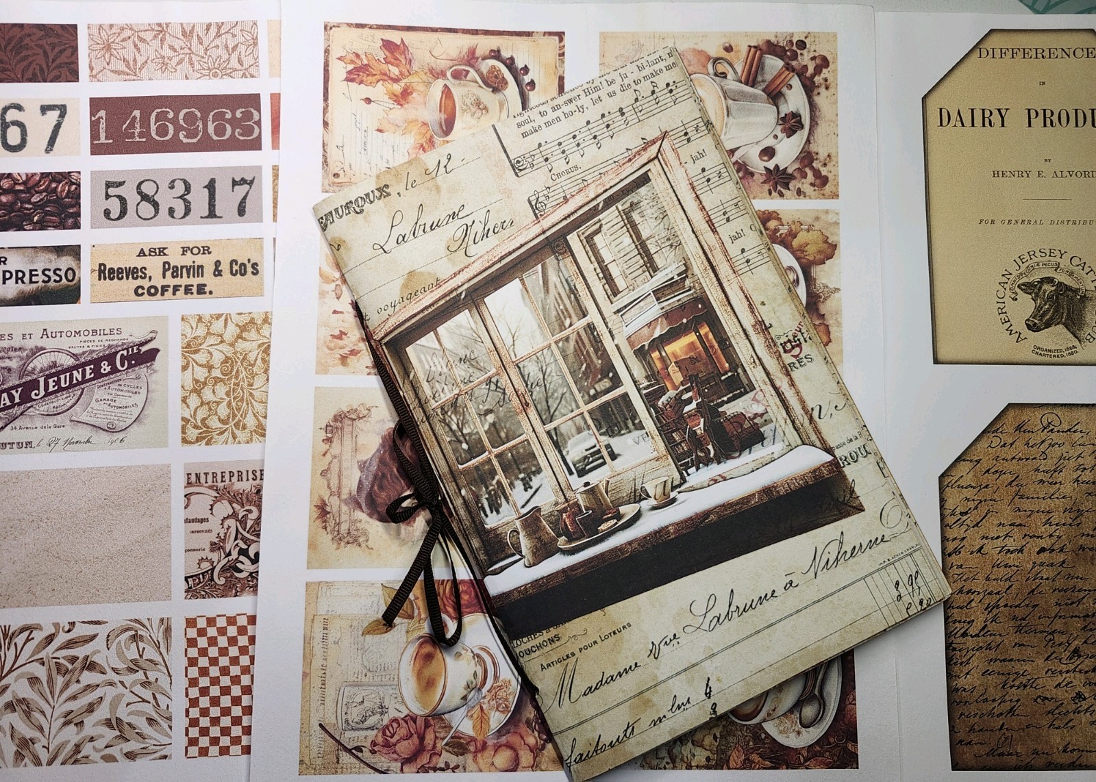 Junk Journal Booklet “COFFEE TIME 2″ HANDMADE Cards, Pockets, LG 8.5″X5.5” 40pgs