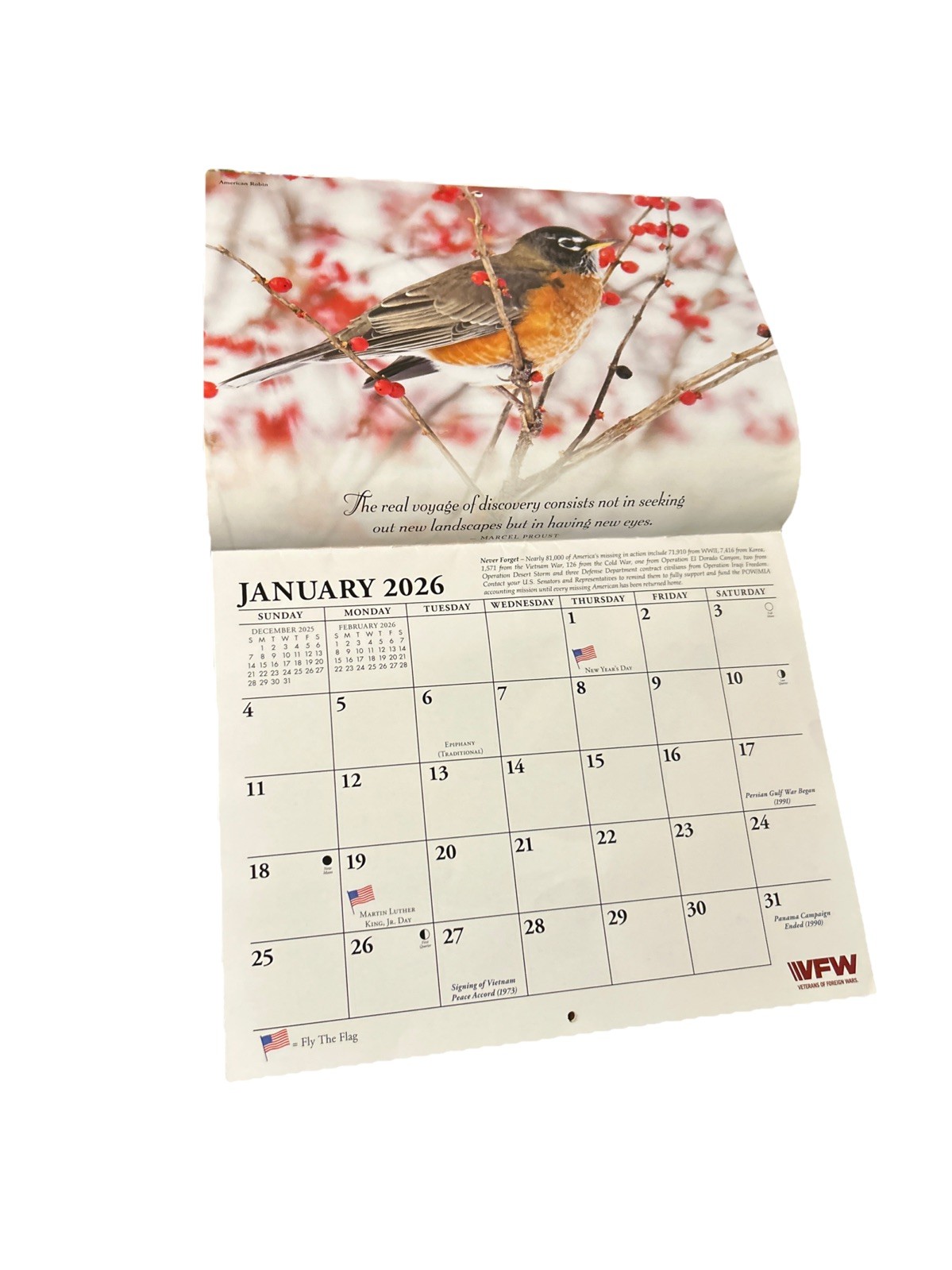 VFW Veterans of Foreign Wars Birds Nature Flowers 12 Month 2026 Wall Calendar