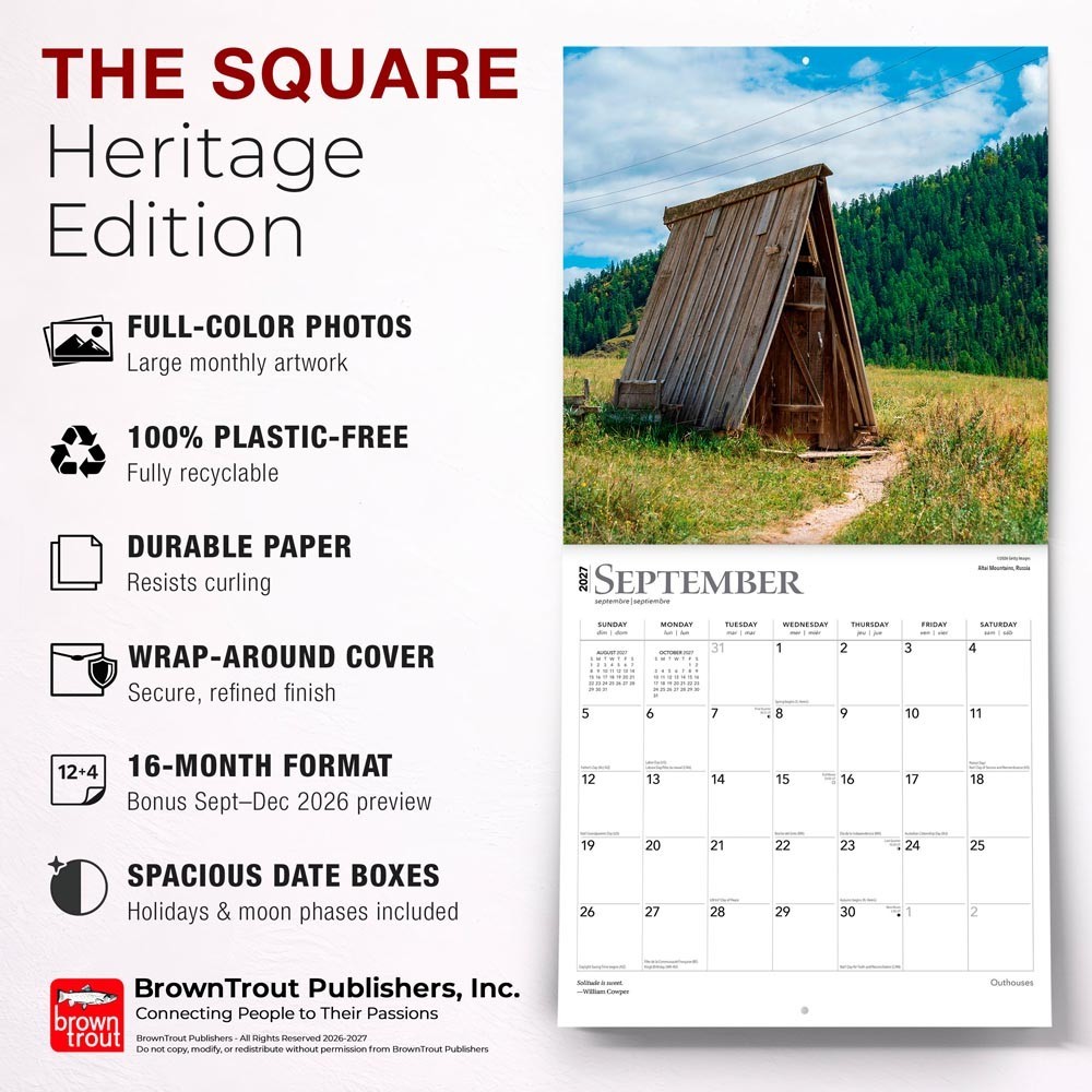 Outhouses | 2027 12×24″ (Hanging) Monthly Square Wall Calendar | Plastic-Free
