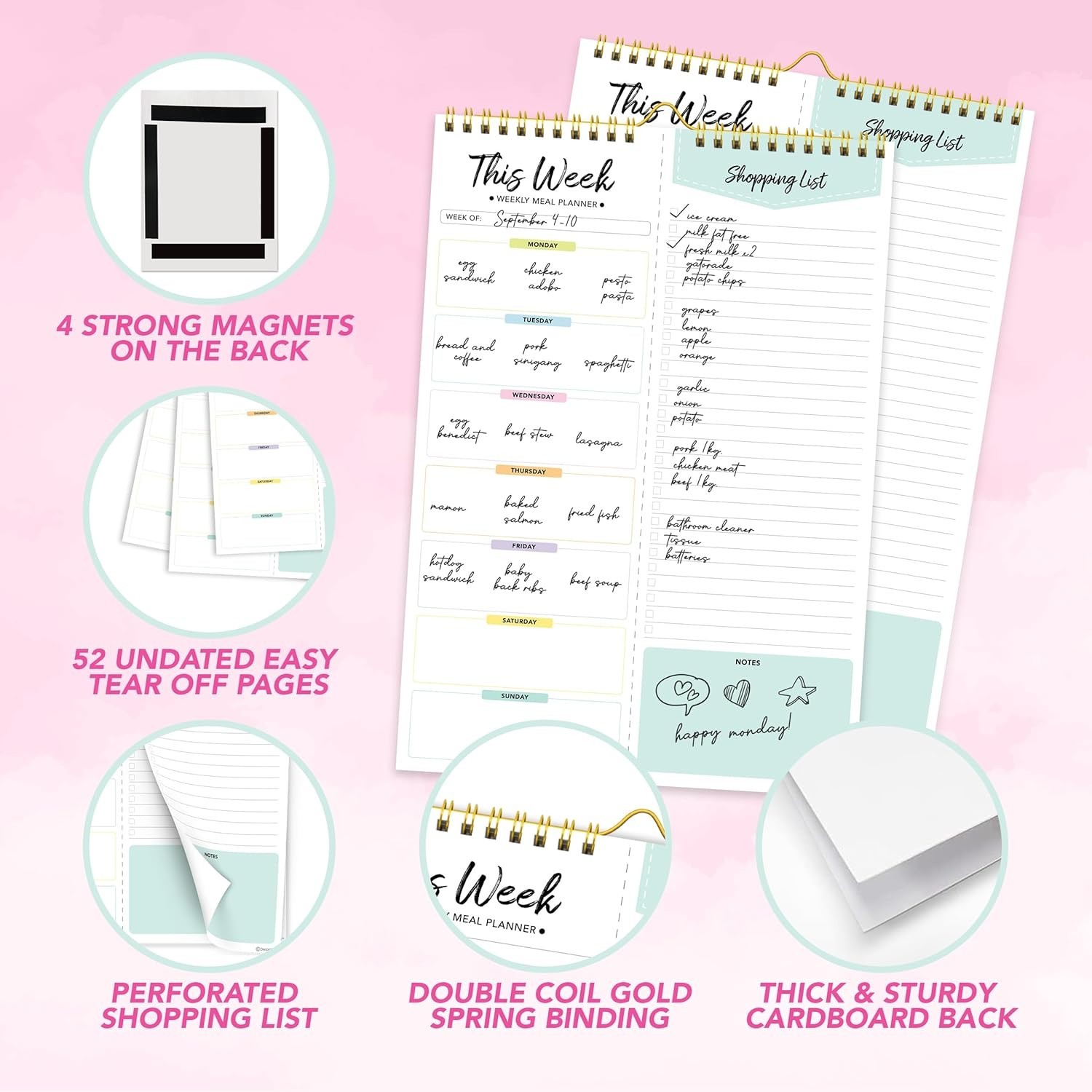 Pastel Rainbow Undated Weekly Meal Planner Notepad with Grocery List, 52 Sheets