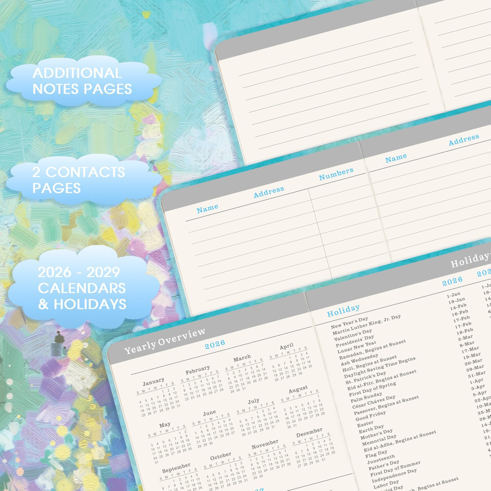 2026-2029 Pocket Planner/Calendar – 3 Year Monthly 6.3″ x 3.8″, pale blue