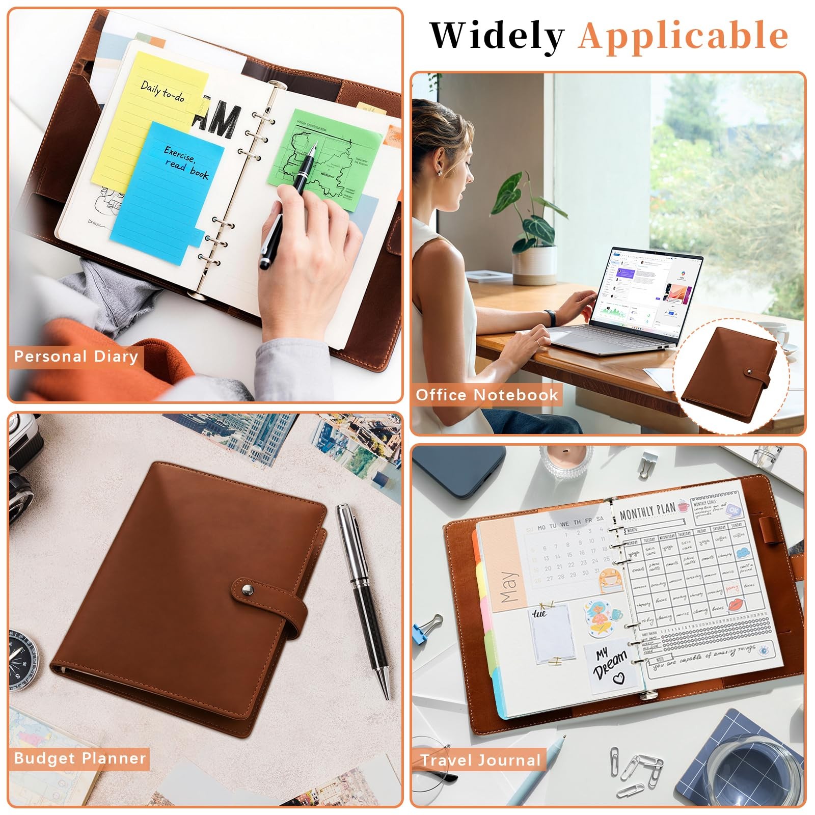 Acuxiaza A5 Binder 6 Ring Refillable Planner Notebook, PU Leather Brown