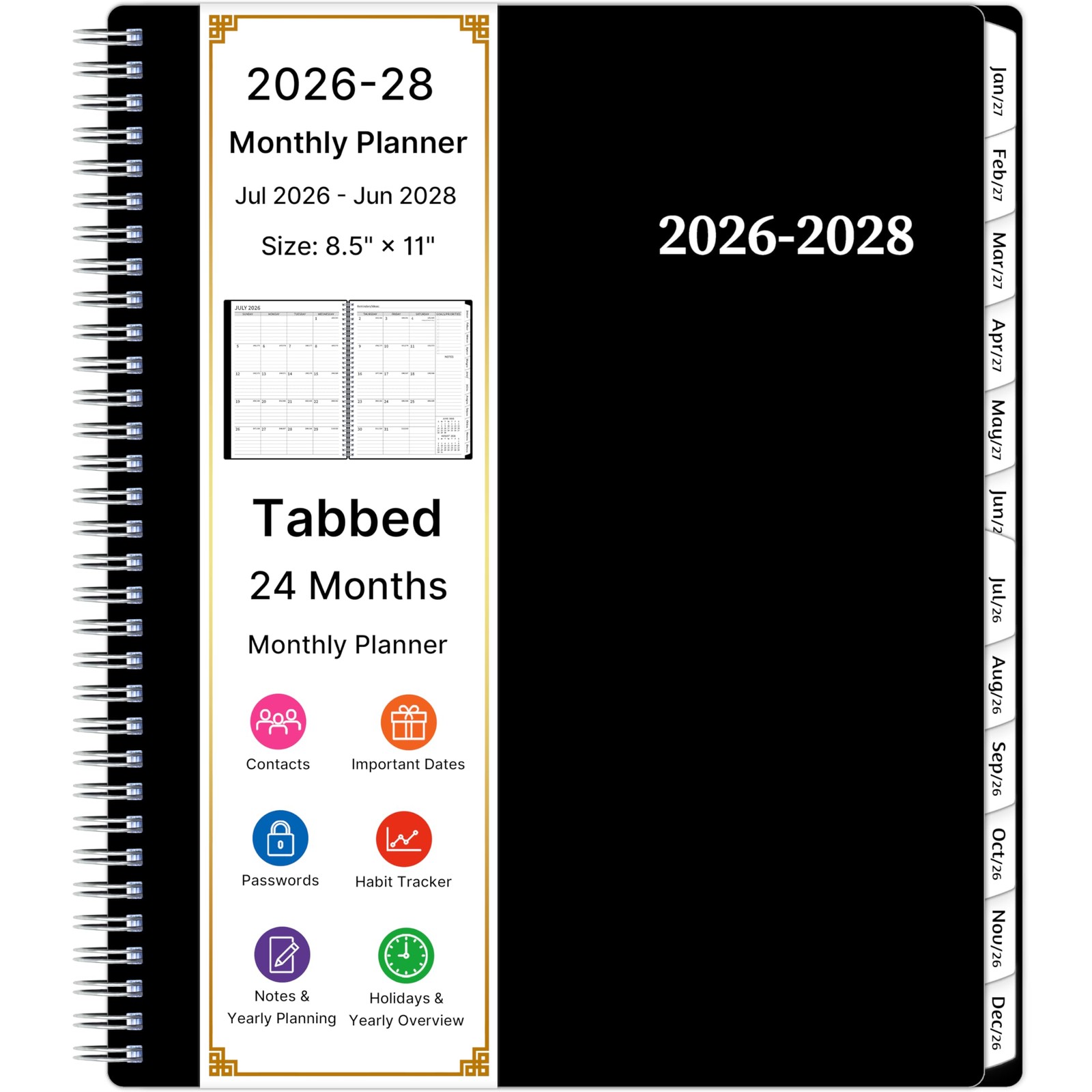 2026-2028 Monthly Planner, 2 Year Calendar 8.5 x 11 inches, Black