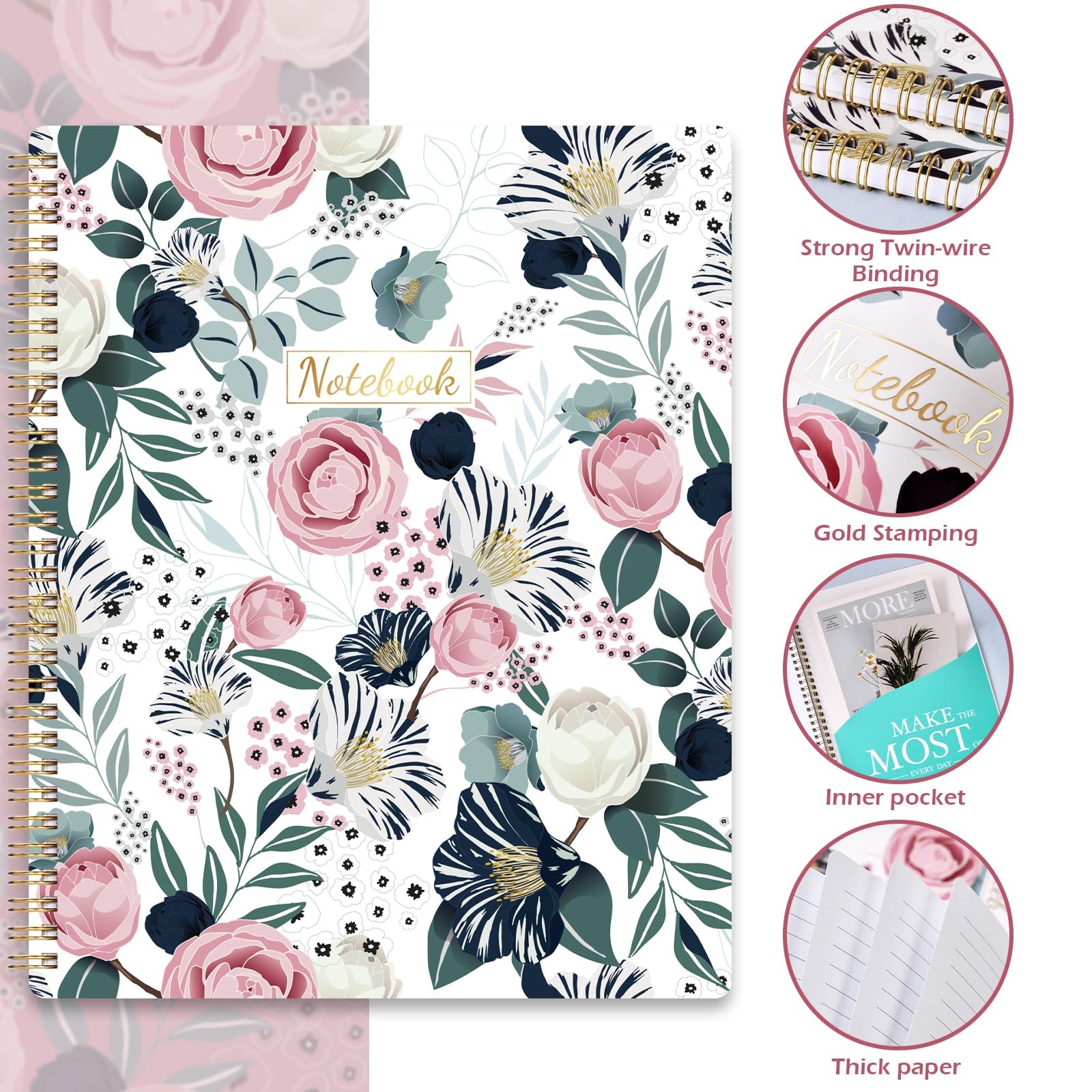 Wire Bound Notebook, 8.5×11 Journal, 110 Sheets, Floral Design, Multicolor