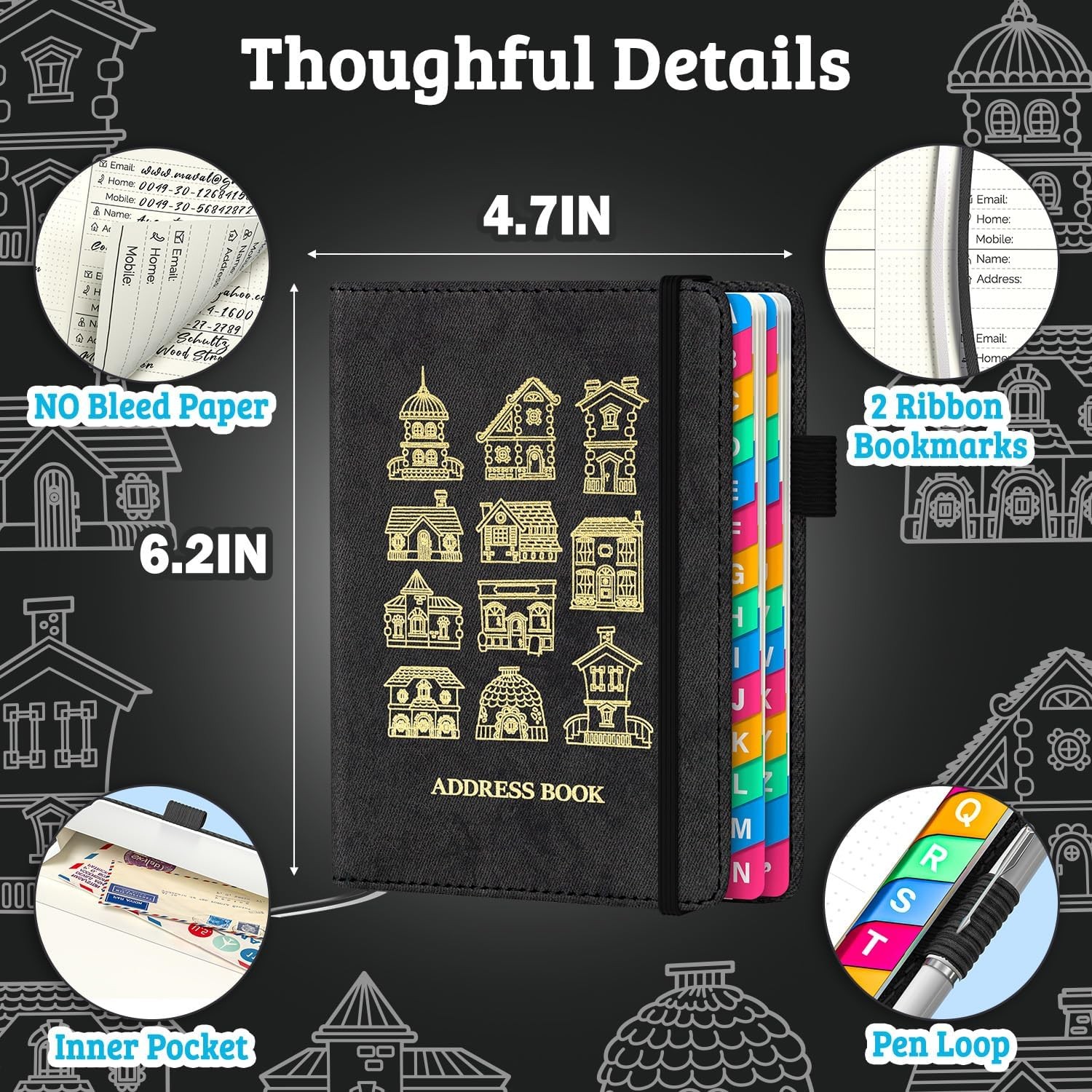 Address Book with Colorful Alphabetical Tabs (4.7″ X 6.2″) – Telephone Address