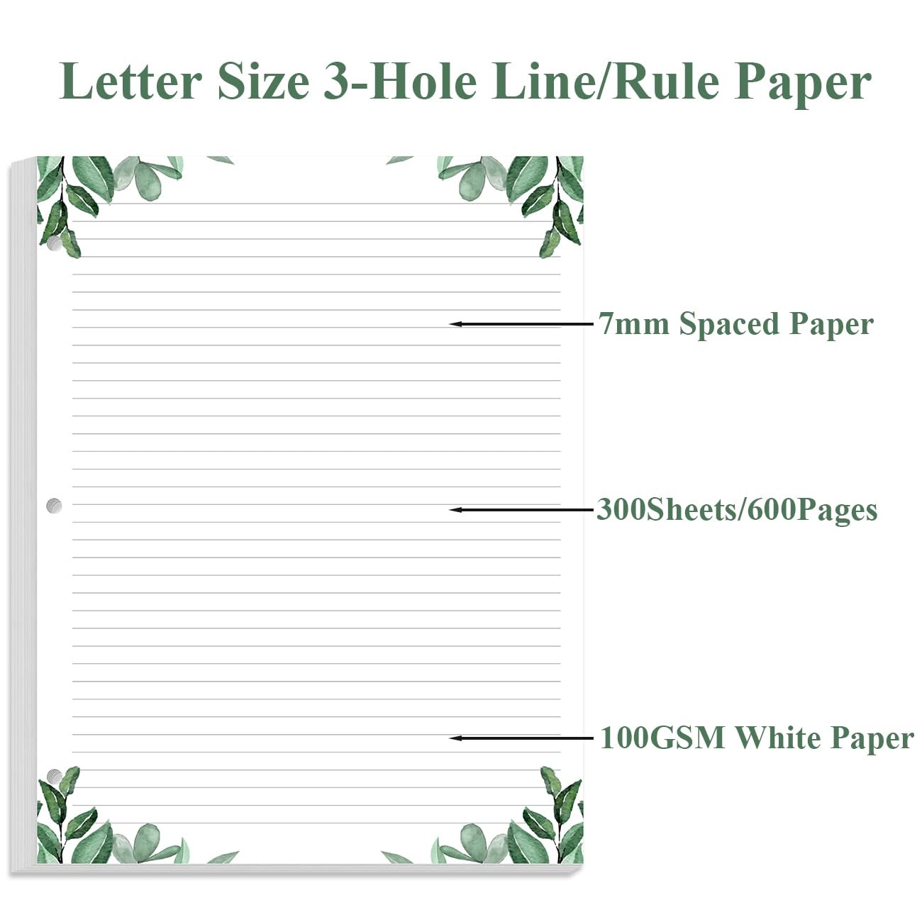 (3-Pack) Letter Size Lined Refill Paper, 3-Hole Punched 300 Sheets, White