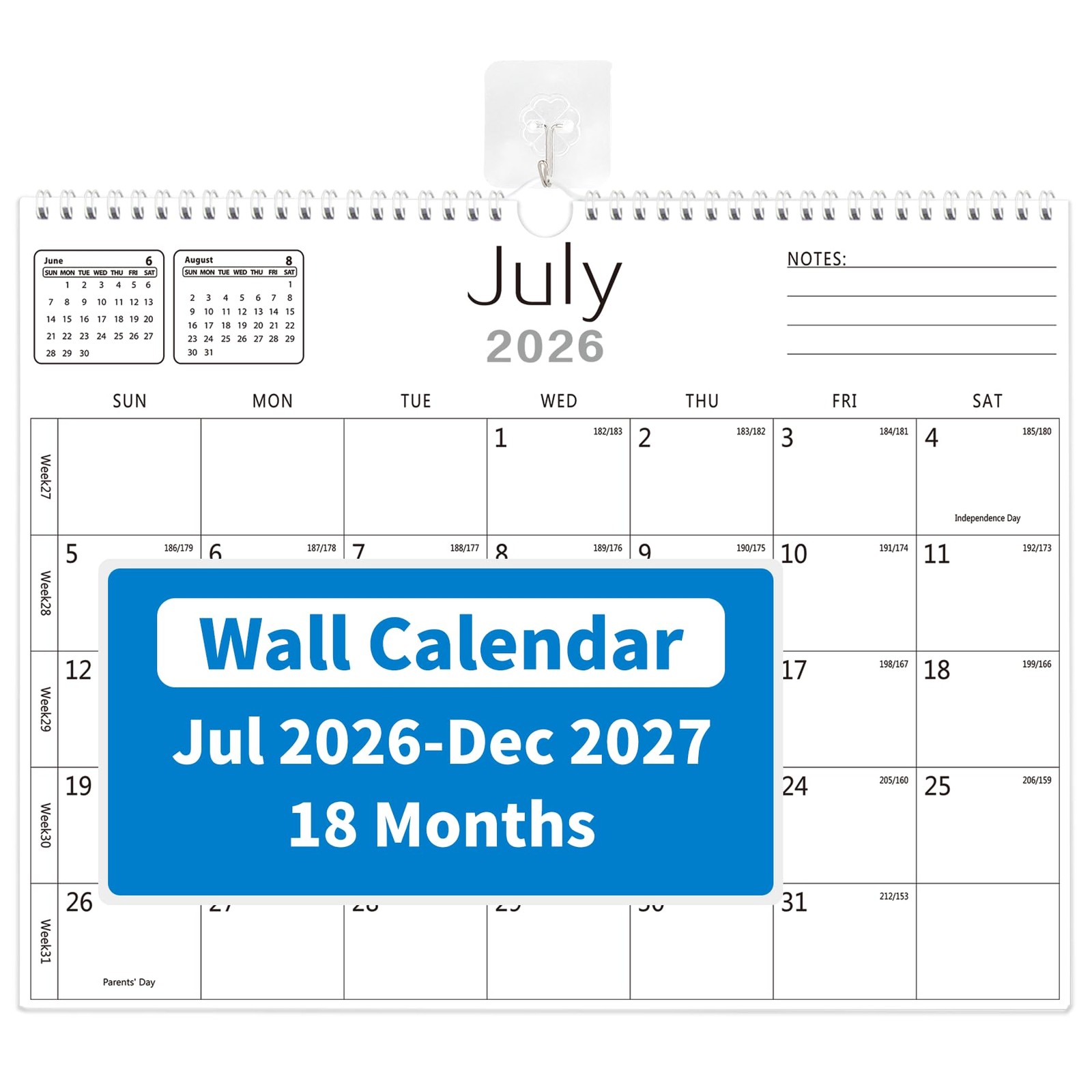 MZD8391 Calendar 2026-2027, Wall 14″ x 11″ July 2026 – December 2027, White