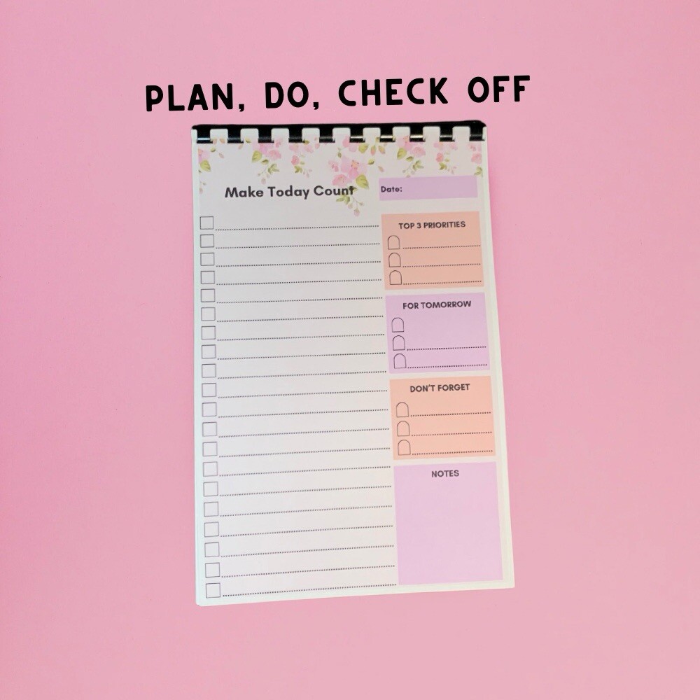 Floral Daily Planner Notepad, 5.5×8.5 Inches, 50 Pages, Productivity Checklist