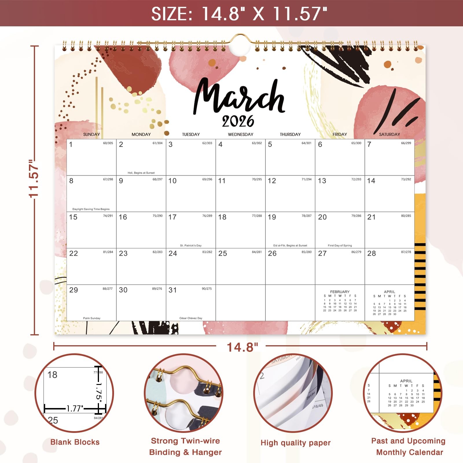 2026 Wall Calendar – 12 Months Hanging 2026 from Jan. 14.8″ x 11.6″