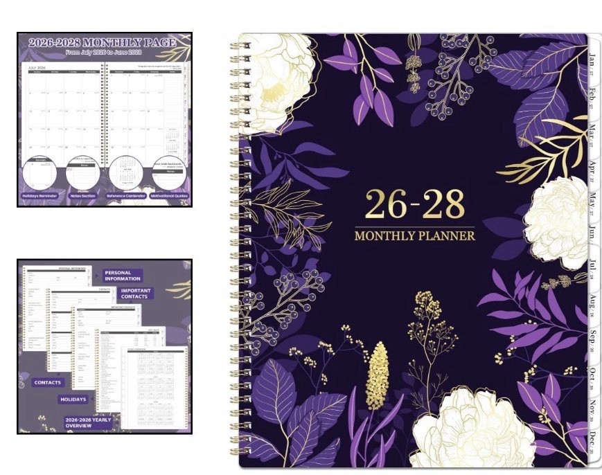 Purple Monthly Planner 2026-2028 – Twin-Wire Binding