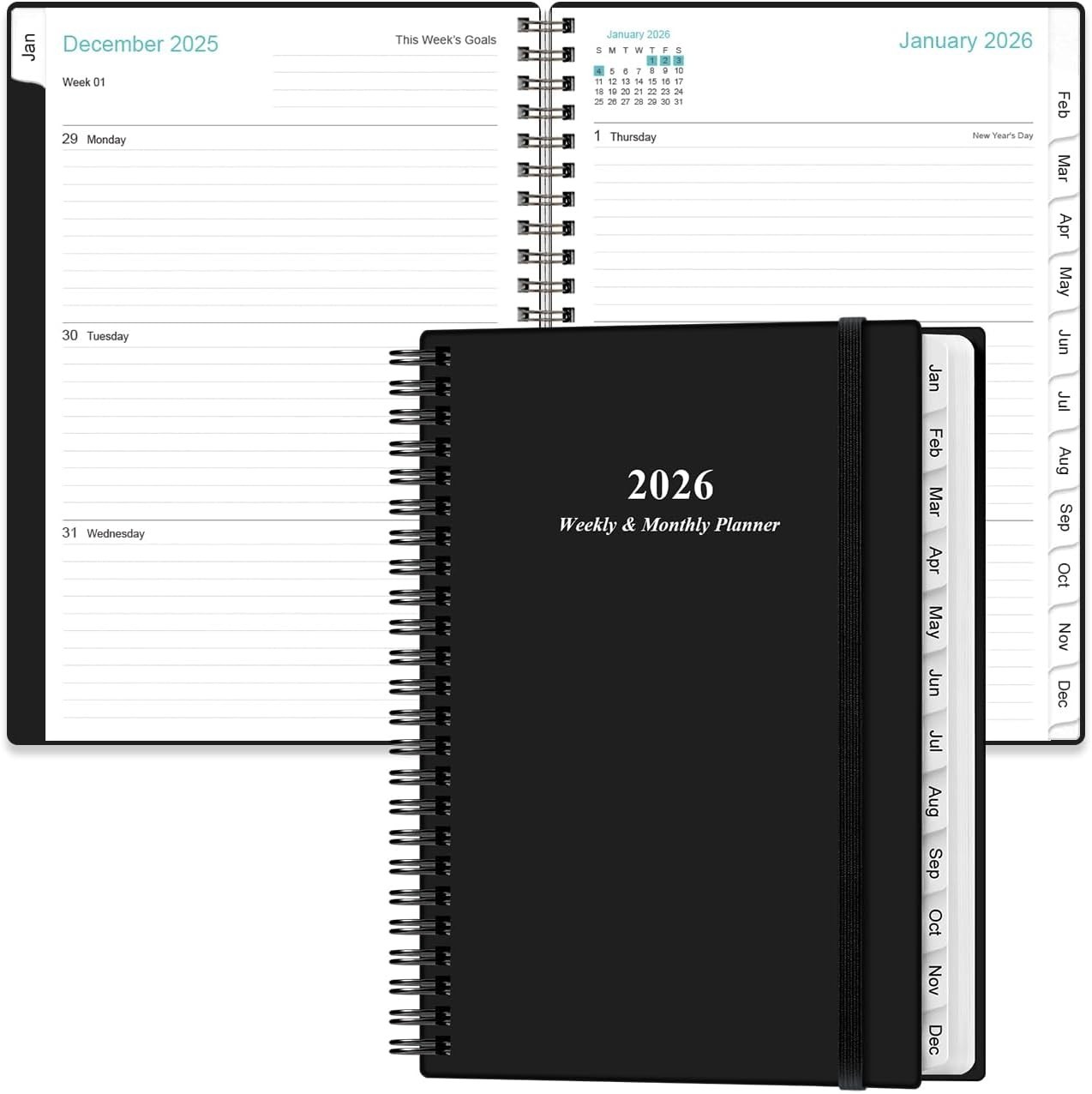 Black A5 2026 Planner with Thick Paper & Flexible Cover for Organization