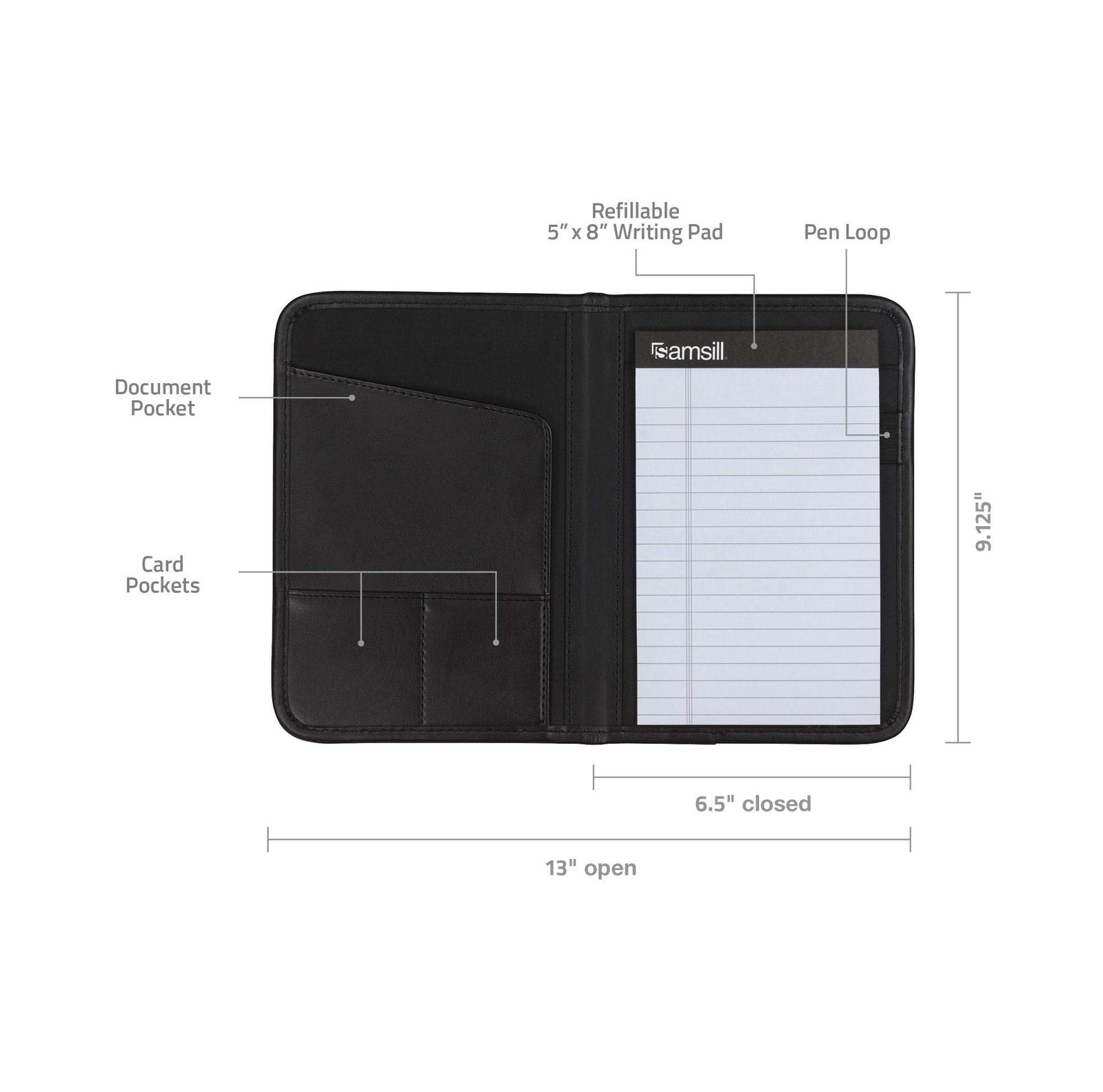 Professional Padfolio, Business Portfolio, Black, Includes 5×8 Writing Pad
