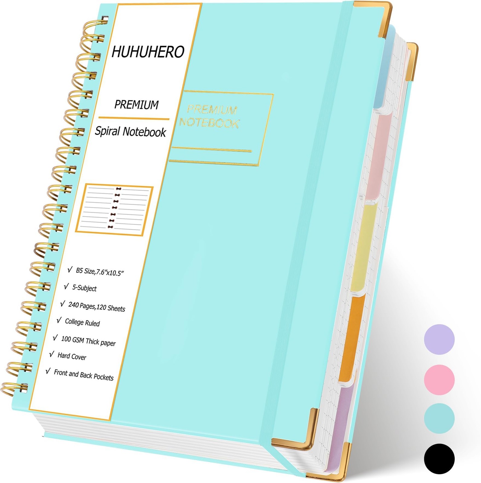 Huhuhero Lined Spiral Notebook Journal, 5 Subject Notebook with Dividers, 7.6…