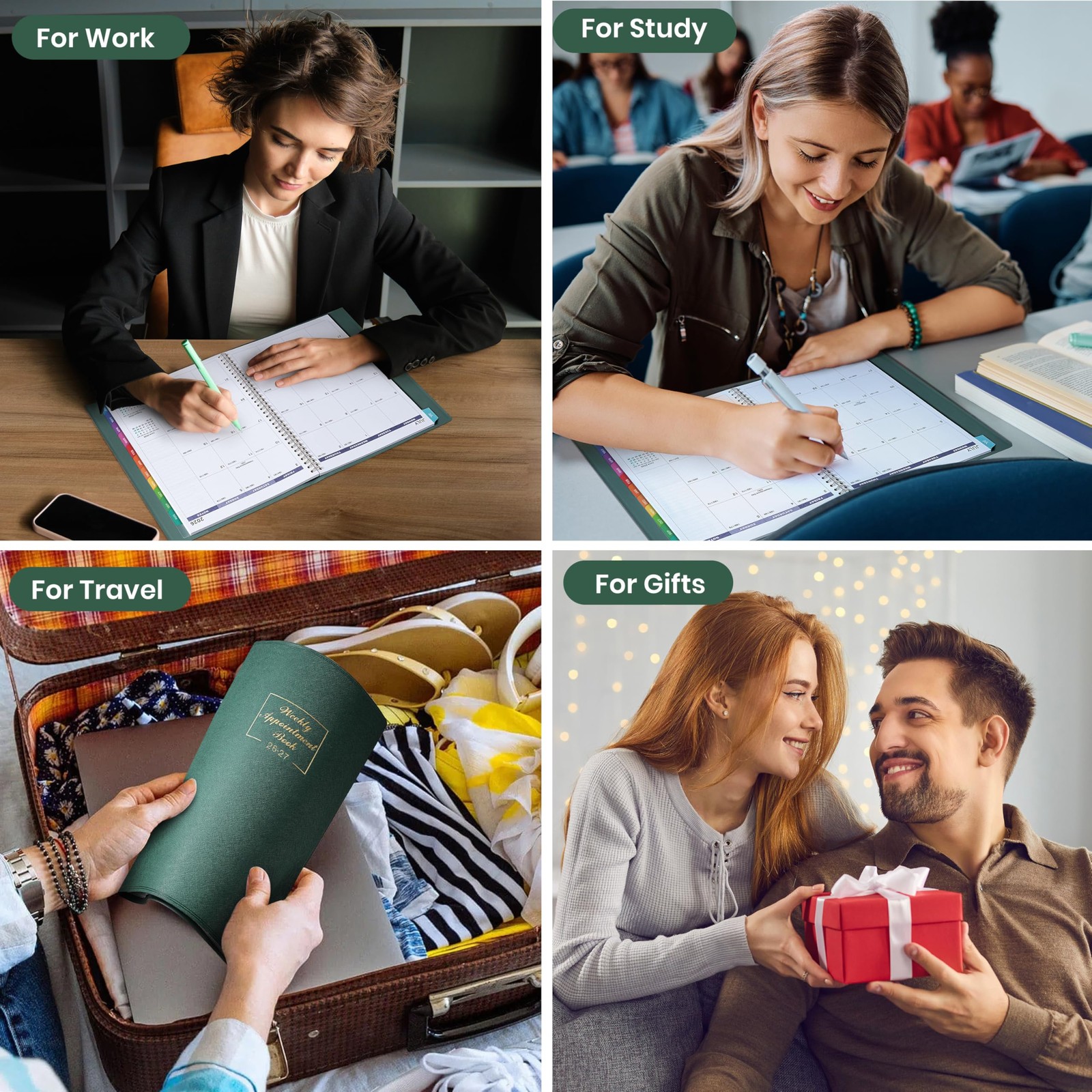 2026-2027 Weekly Appointment Book – Daily Hourly 8.5″ x 11″, Dark Green