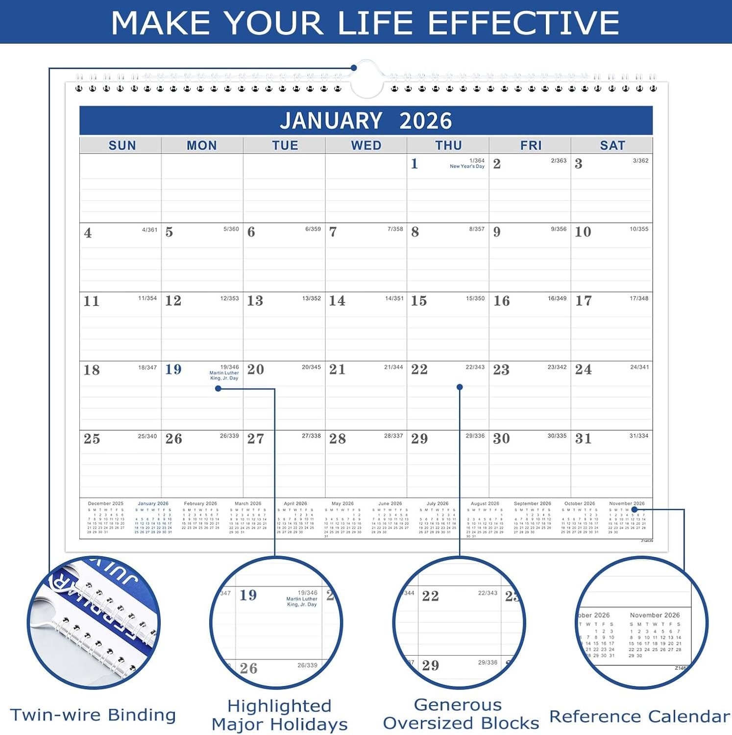 2026 Calendar – 2026 Wall from Jan. 2026 – Dec.2026, blue