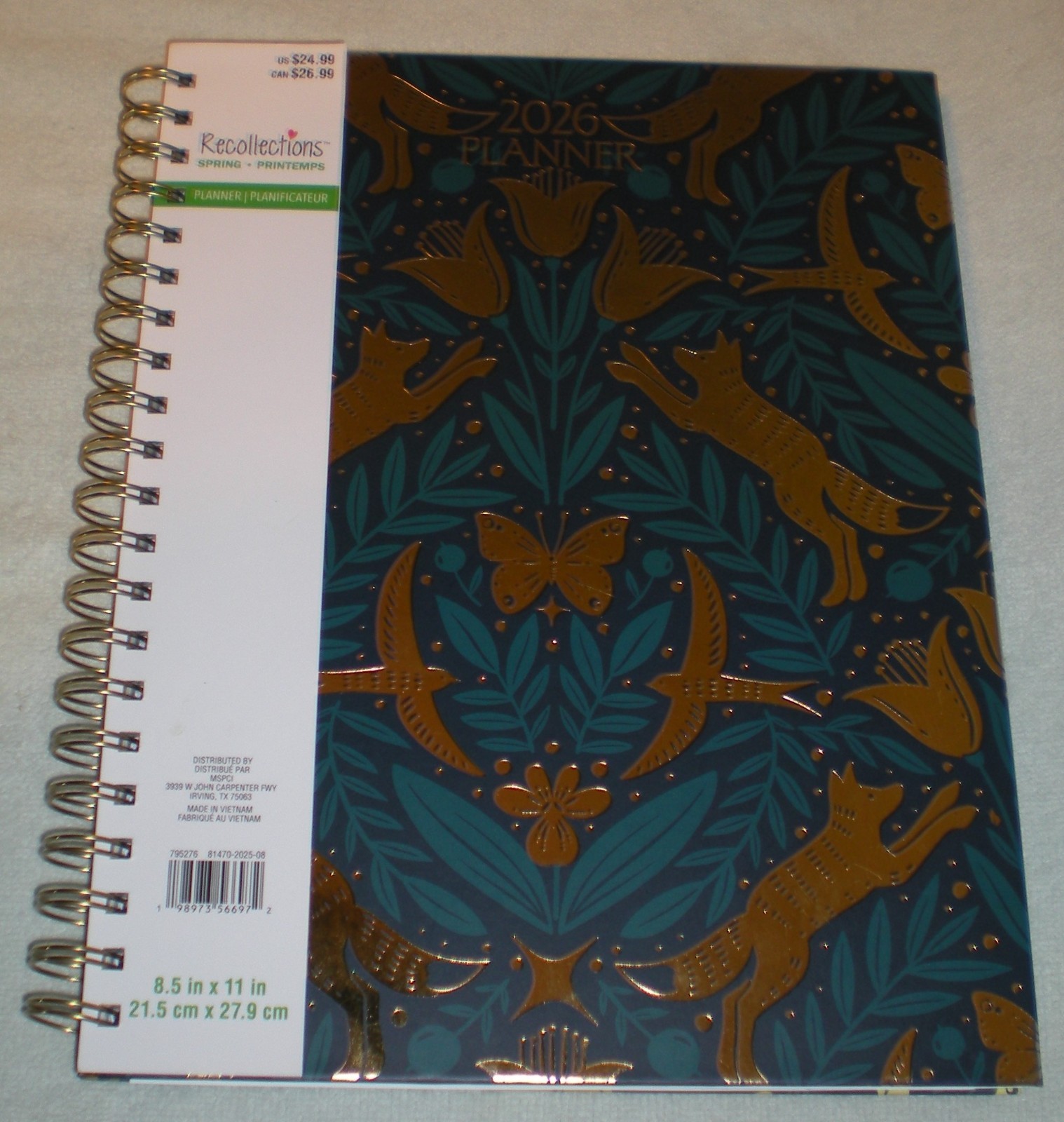 Recollections 2026 Planner 8.5×11 Blue Gold Foil Cats Birds Butterfly Mountain