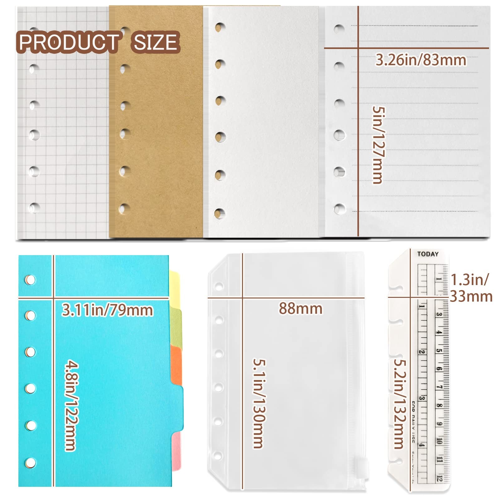 DY.2ten A7 6-Hole Binder Notebook Refills Set -(Gridded Paper a7, Clear