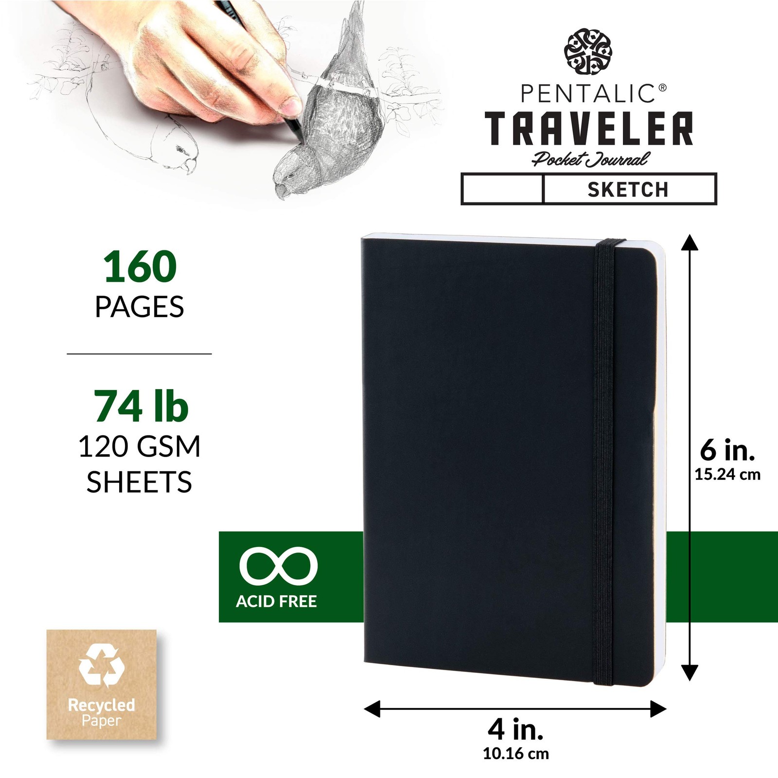 Pentalic – 4″ x 6″ Traveler Midnight Sketch Black Paper Journal, 160 Pages, B…