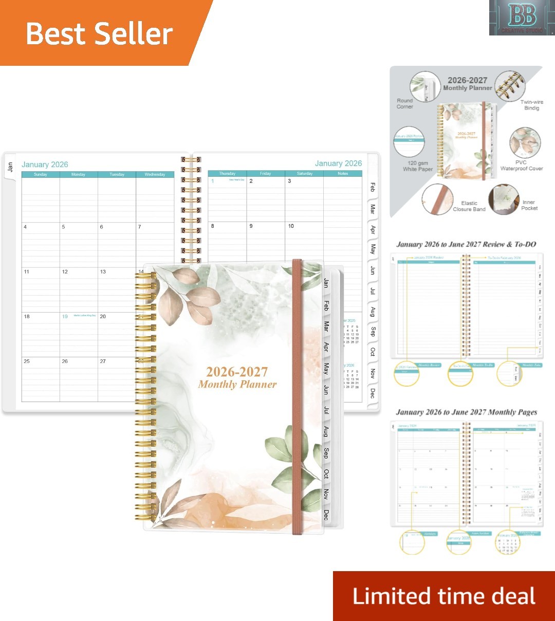 Compact 2026-2027 Planner with Tabs & Inner Pocket – Stylish Rose Leaf Design